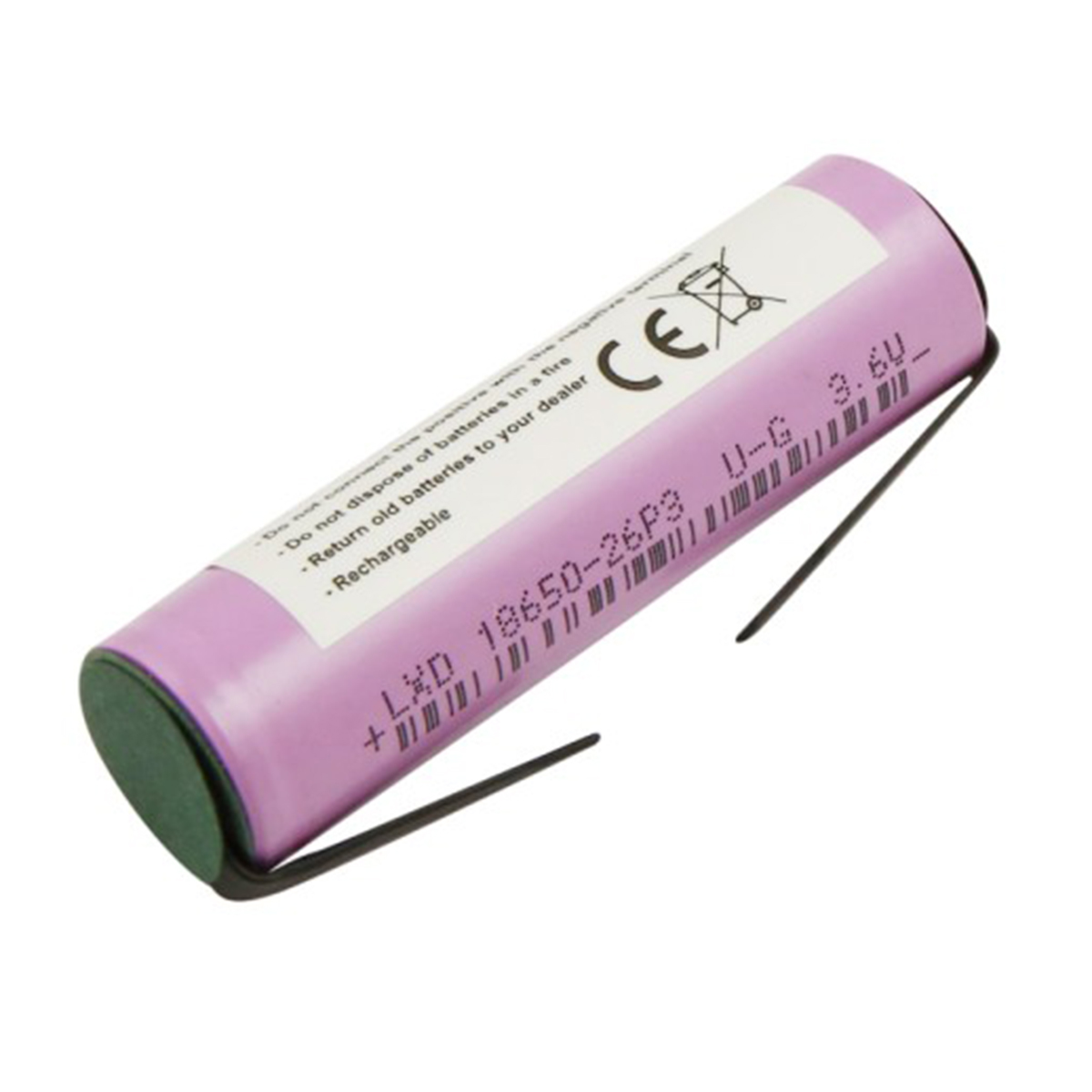 Una batteria cilindrica con corpo rosa ed estremità verde. Ha etichette bianche e una clip metallica nera. Lo sfondo è bianco.