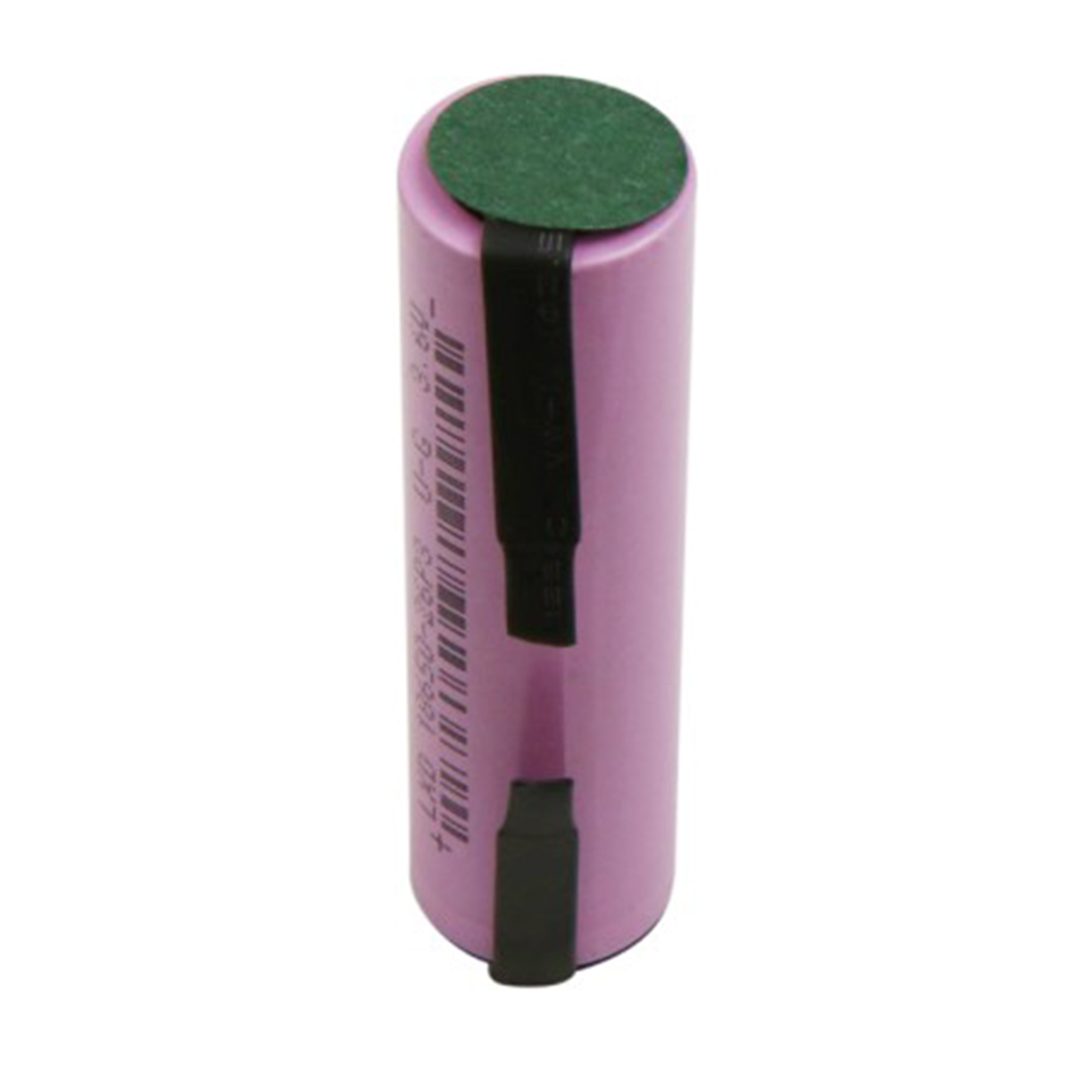 Viene mostrata una batteria cilindrica, color lilla. Ha un disco verde sopra e un'etichetta nera. La batteria è su sfondo bianco.