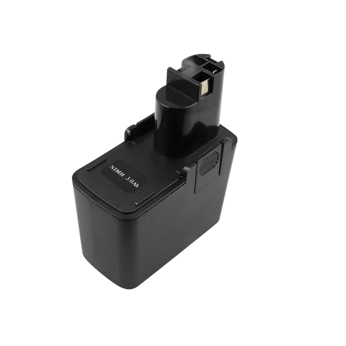 Un pacco batteria nero, NIMH 3.0Ah, per un elettroutensile. Ha una base rettangolare e una parte superiore cilindrica con due perni.
