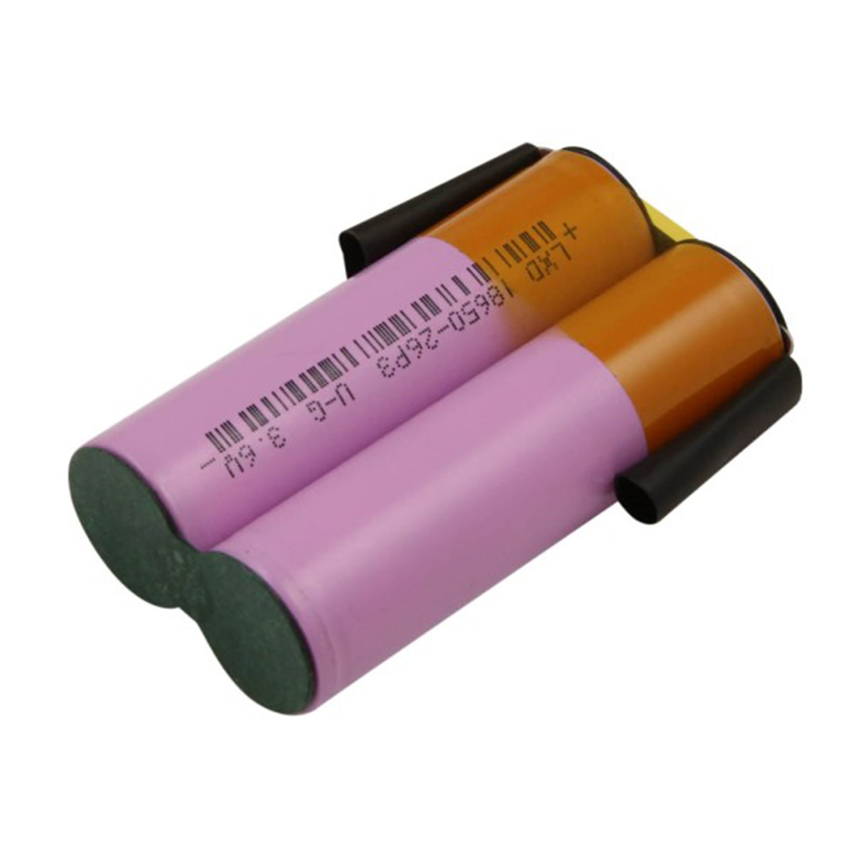 Due batterie cilindriche agli ioni di litio, rosa e arancione, collegate con supporti neri. Etichette e marcature visibili.
