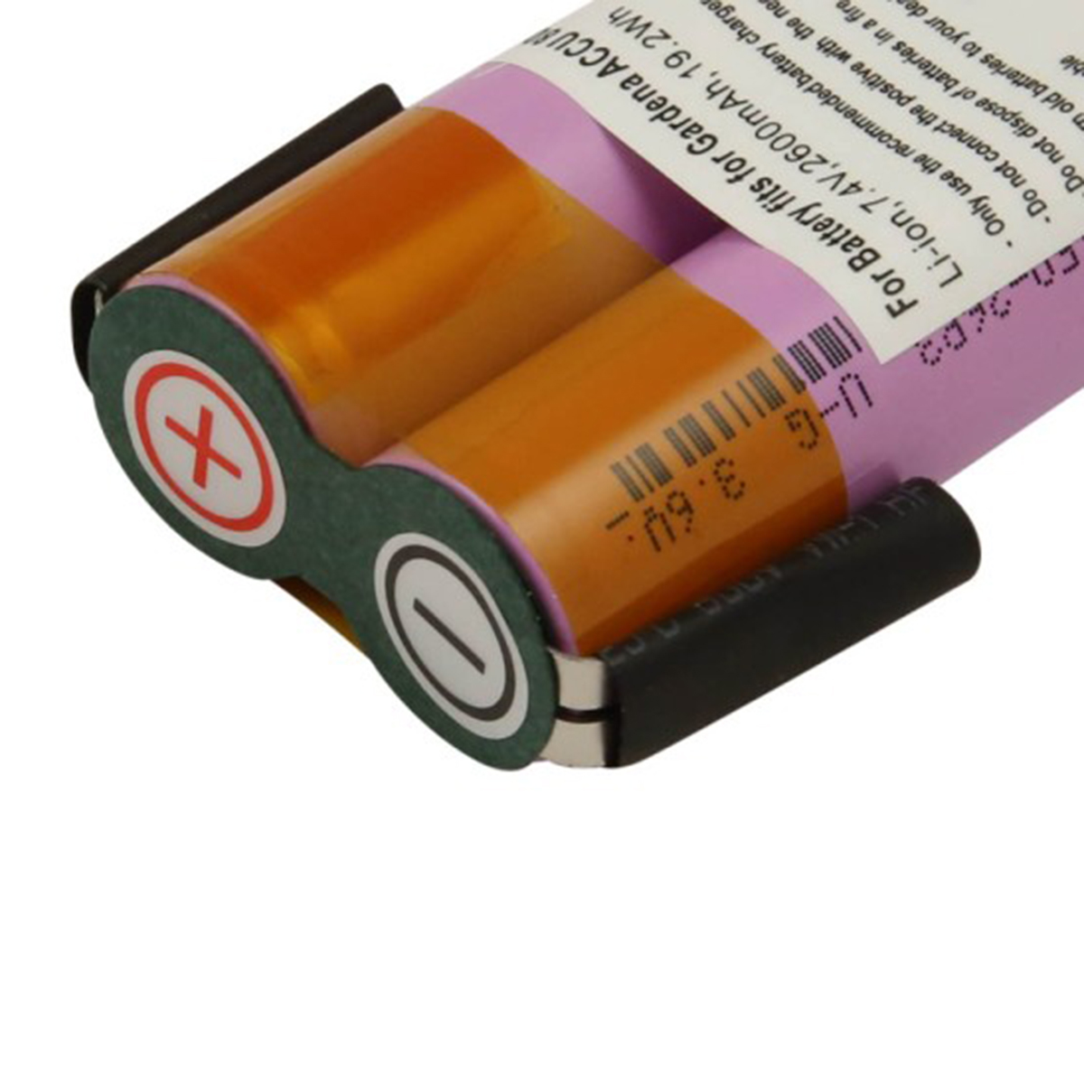 Primo piano di due batterie cilindriche, arancioni e rosa, tenute in un telaio verde e nero. Il testo sulla batteria include 'Li-ion'.