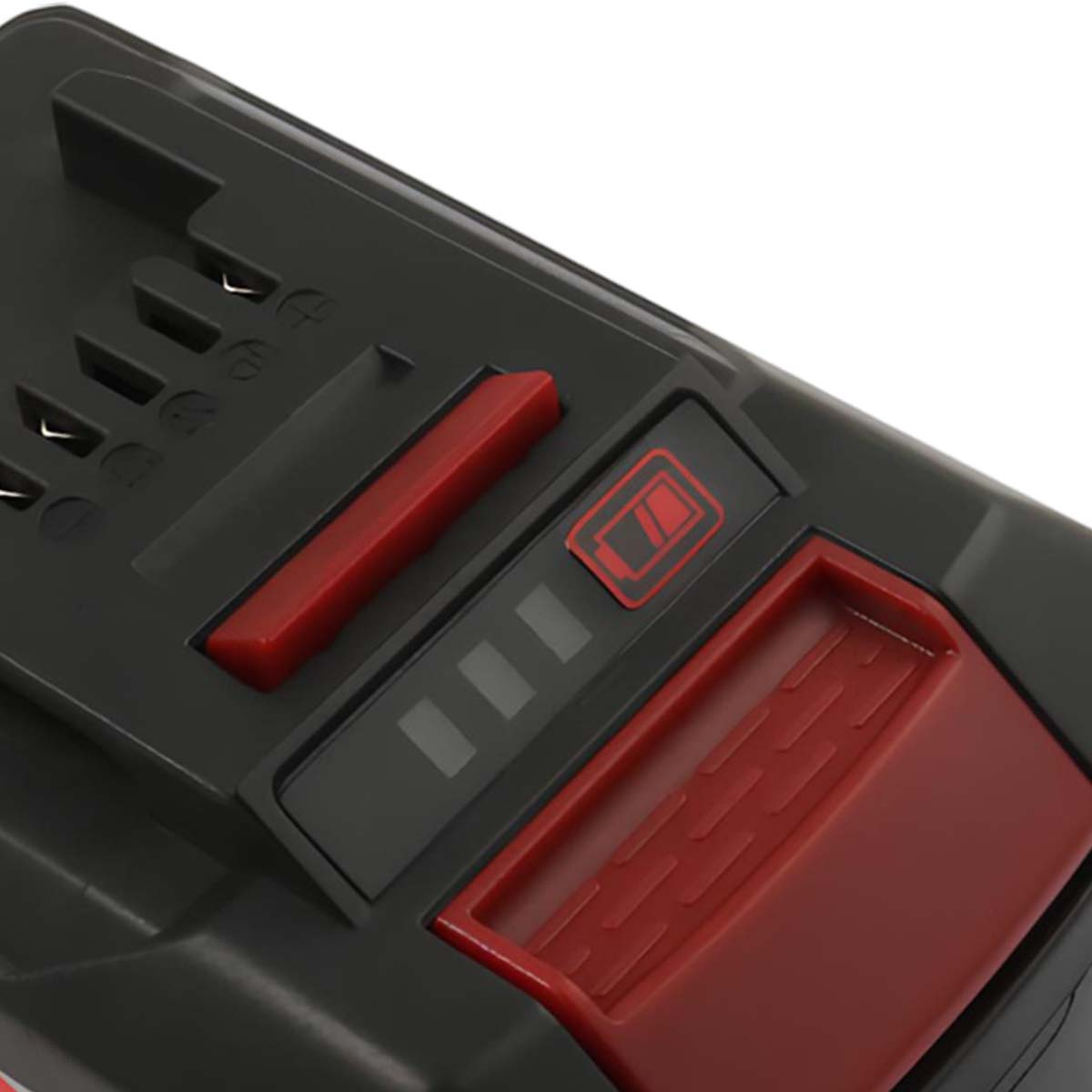Ein schwarzer und roter Akku. Er hat eine Batterieanzeige und einen roten Knopf. Die Batterie zeigt drei Ladestriche.