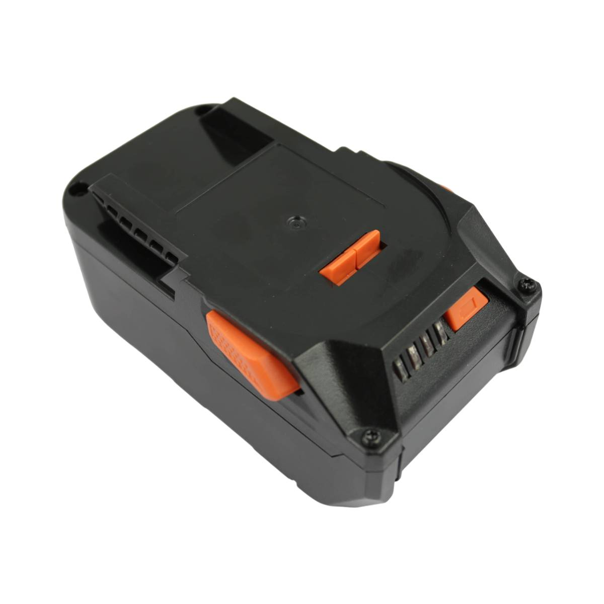 Batteria per utensili elettrici nera e arancione. Presenta pulsanti arancioni e una superficie strutturata. Lo sfondo è bianco.