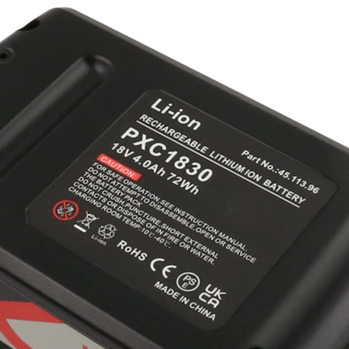Schwarzer Li-Ionen-Akkupack. Text enthält 'PXC1830', '18V 4,0Ah 72Wh' und Sicherheitshinweise. Hergestellt in China.