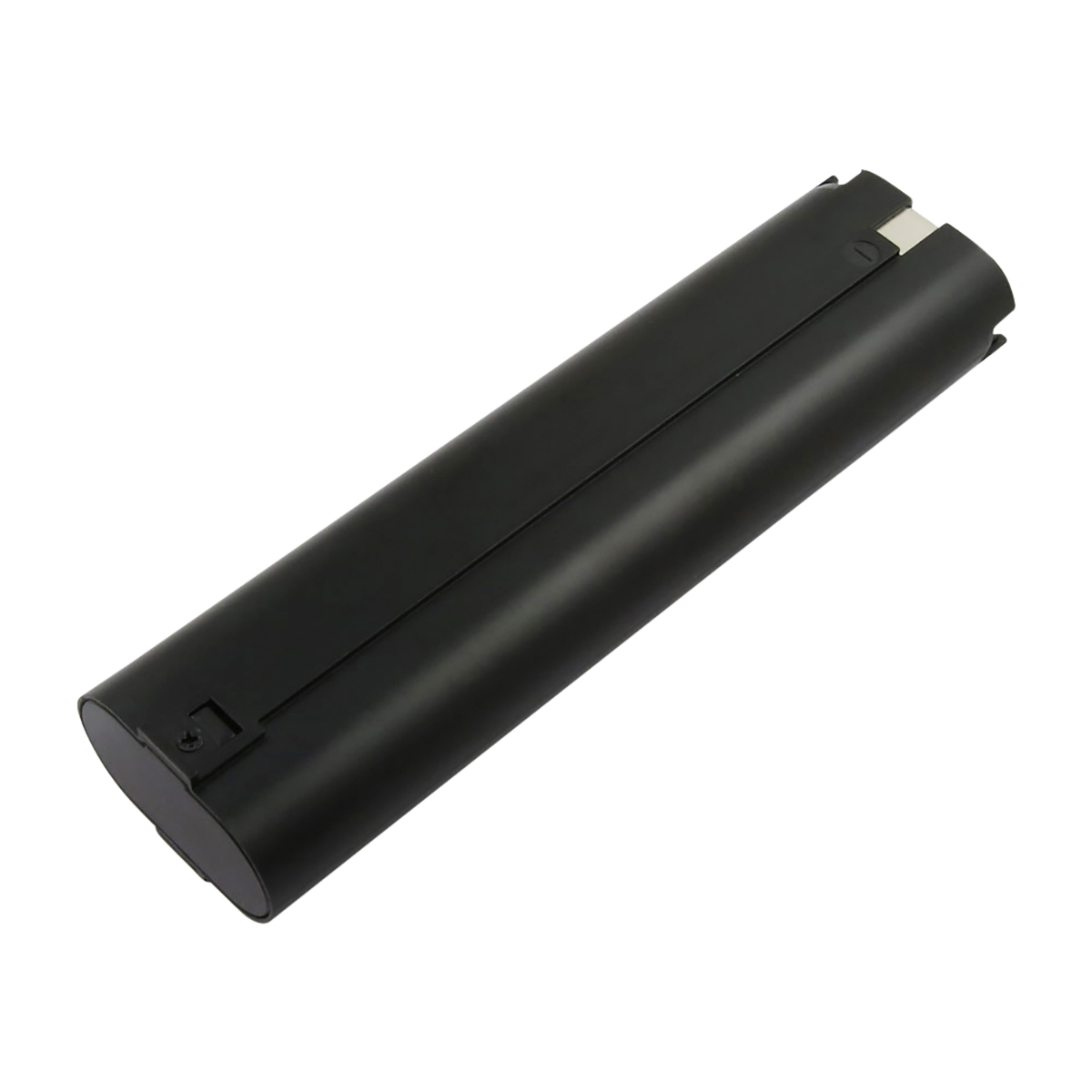 Un pacco batteria nero, cilindrico, su sfondo bianco. Ha estremità arrotondate e un connettore metallico a un'estremità.