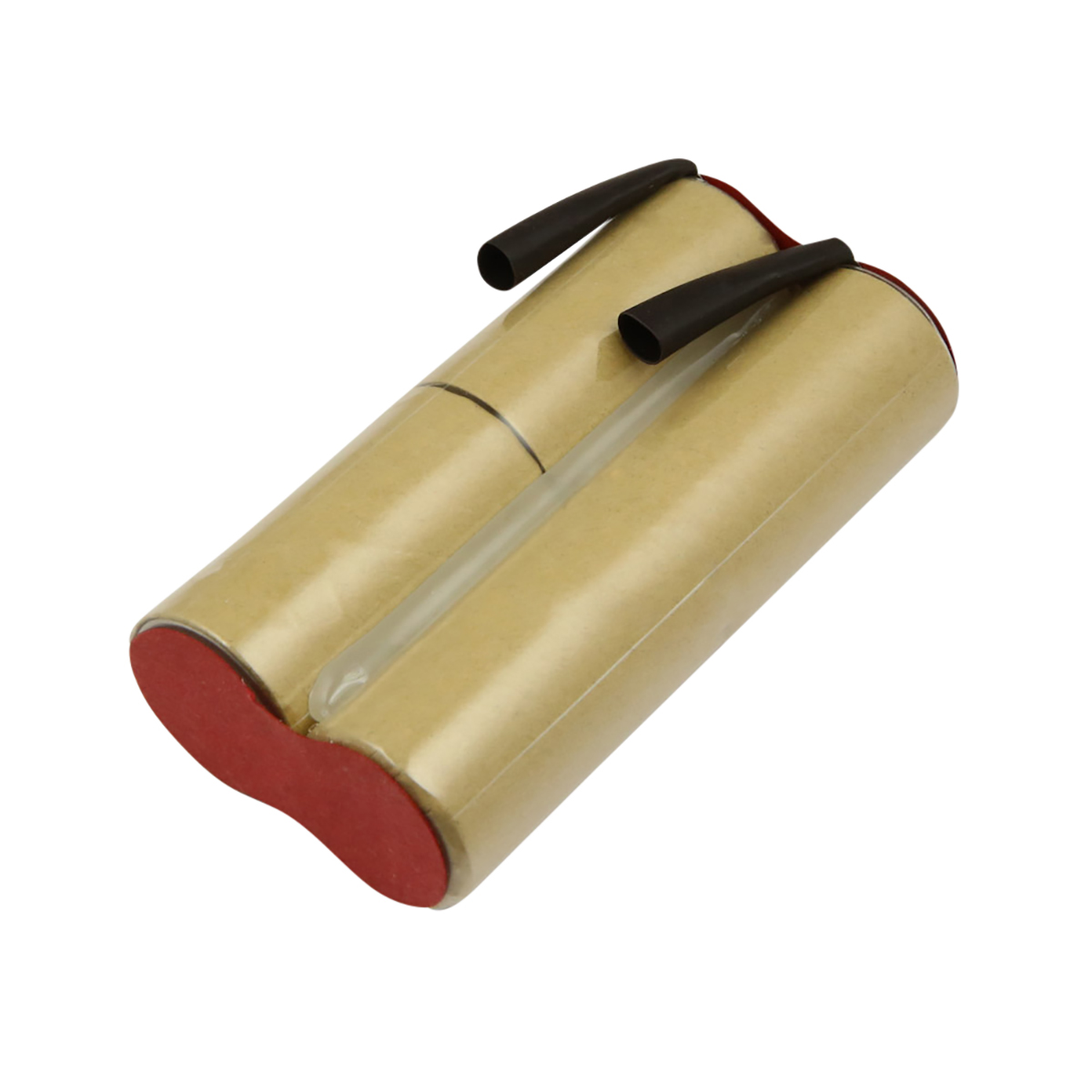 Un pacco batteria. Due celle cilindriche sono unite, con involucro di carta marrone. Estremità rosse e terminali neri sporgono.