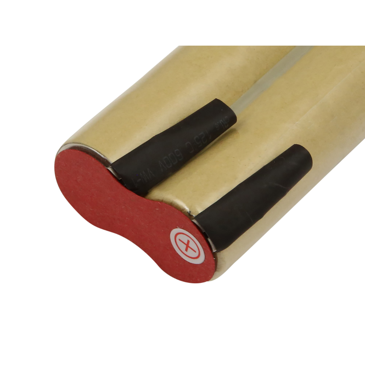 Primo piano di un pacco batteria. Cilindri beige con rivestimenti neri e un cappuccio rosso con un segno più bianco.