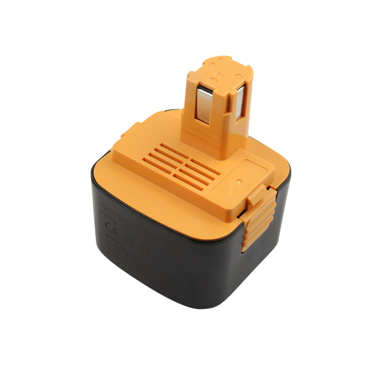 Un pacco batterie ricaricabili giallo e nero per elettroutensili. La batteria ha una forma rettangolare con una parte superiore sporgente.