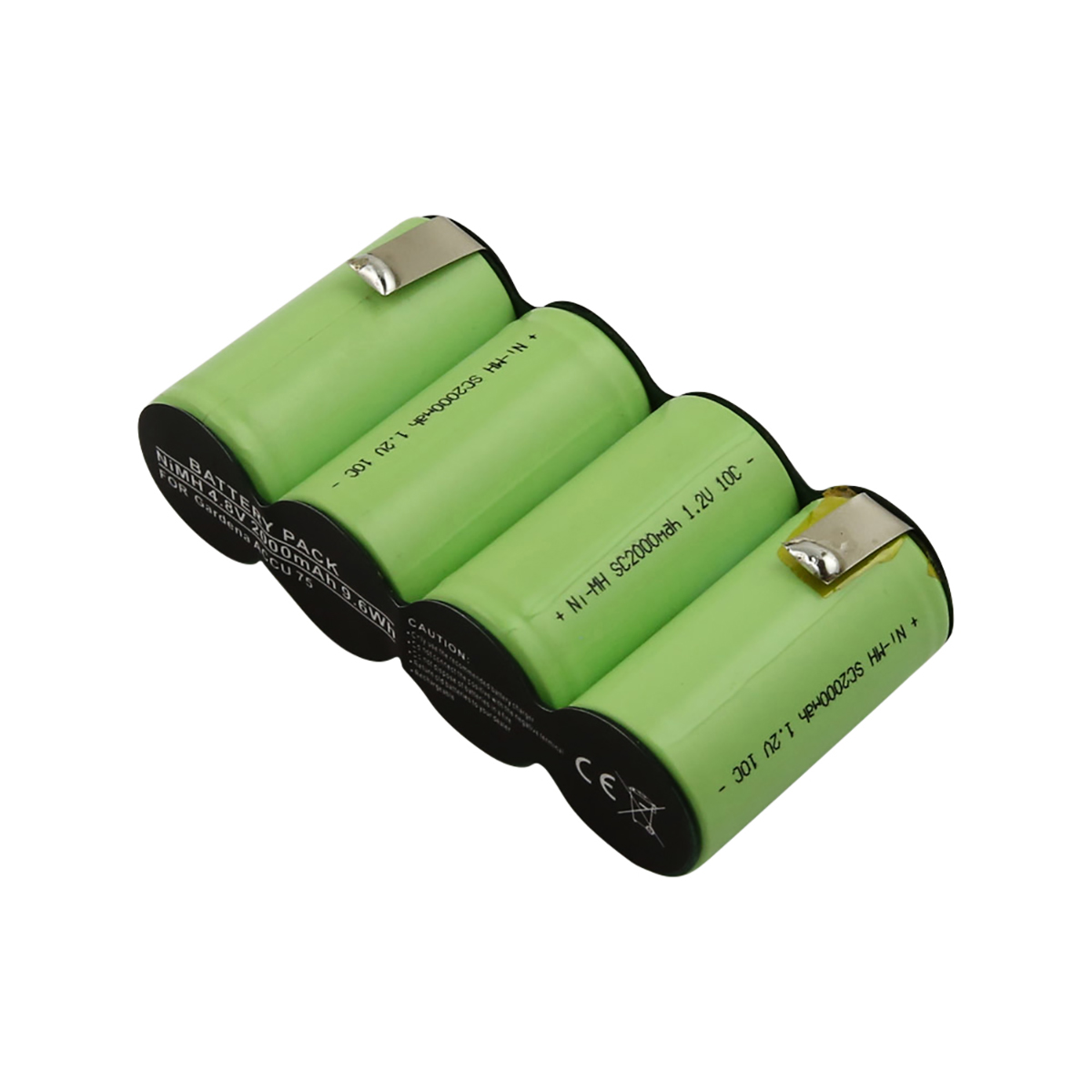 Un pacco batterie con quattro celle cilindriche verdi. Ogni cella ha testo e una linguetta metallica. Il pacco è su una superficie bianca.