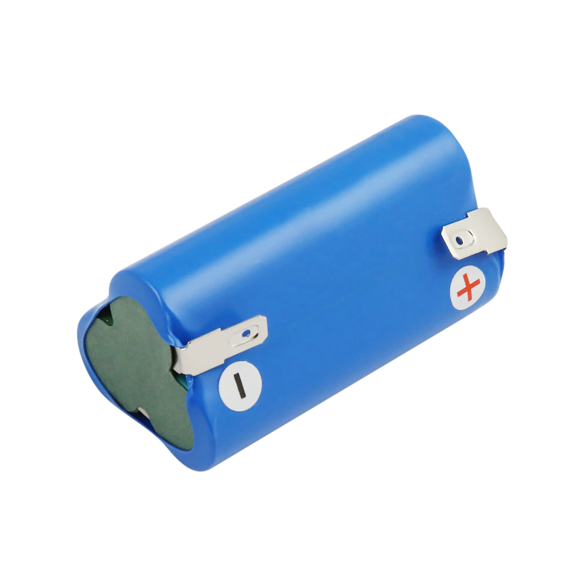 Una batteria blu cilindrica con linguette metalliche. Ha simboli più e meno. Lo sfondo è bianco.
