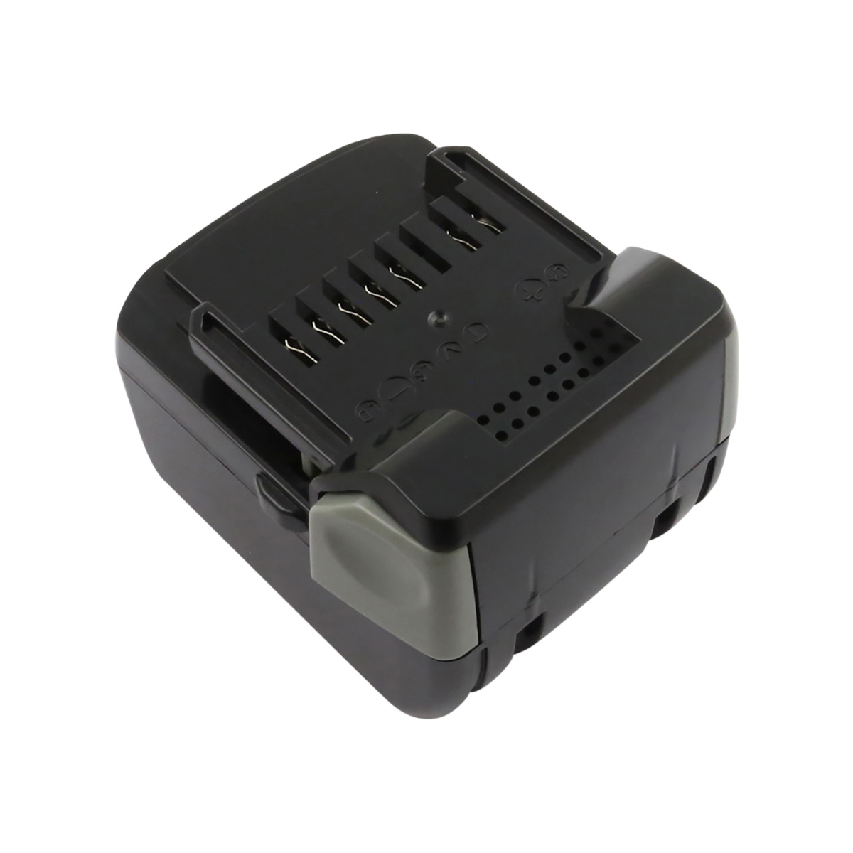 Una batteria nera e grigia per utensili elettrici. Ha una forma rettangolare con contatti metallici e un pulsante grigio.