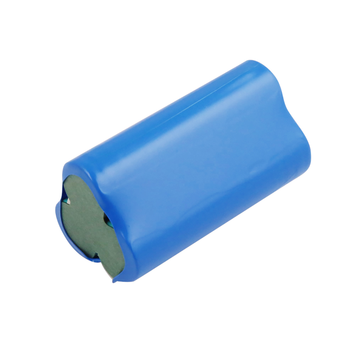 Una batteria blu rettangolare con bordi arrotondati, su sfondo bianco. L'estremità è verde.
