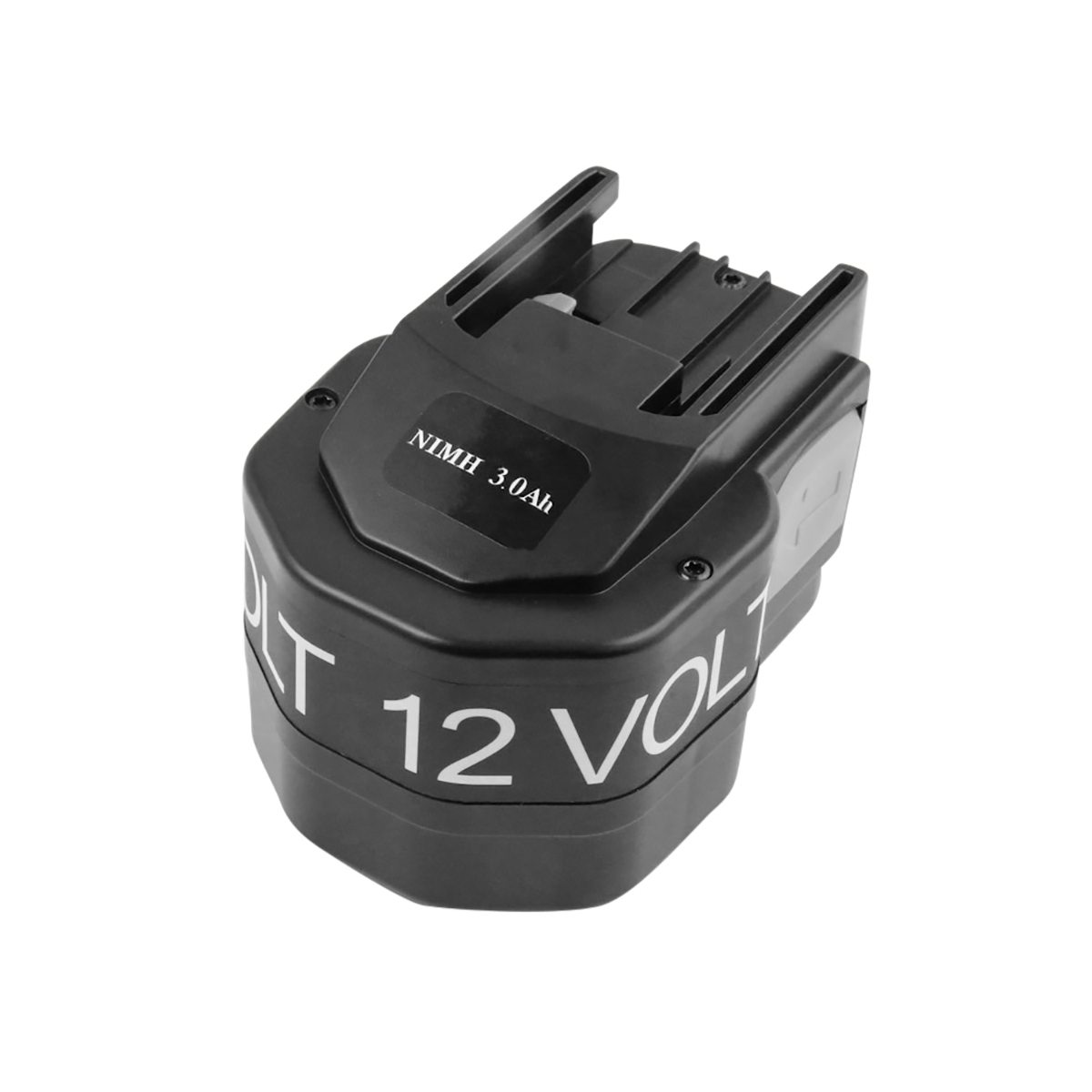 Un pacco batteria nero da 12 V. Porta la scritta '12 VOLT' e 'NIMH 3.0Ah'. È su sfondo bianco.