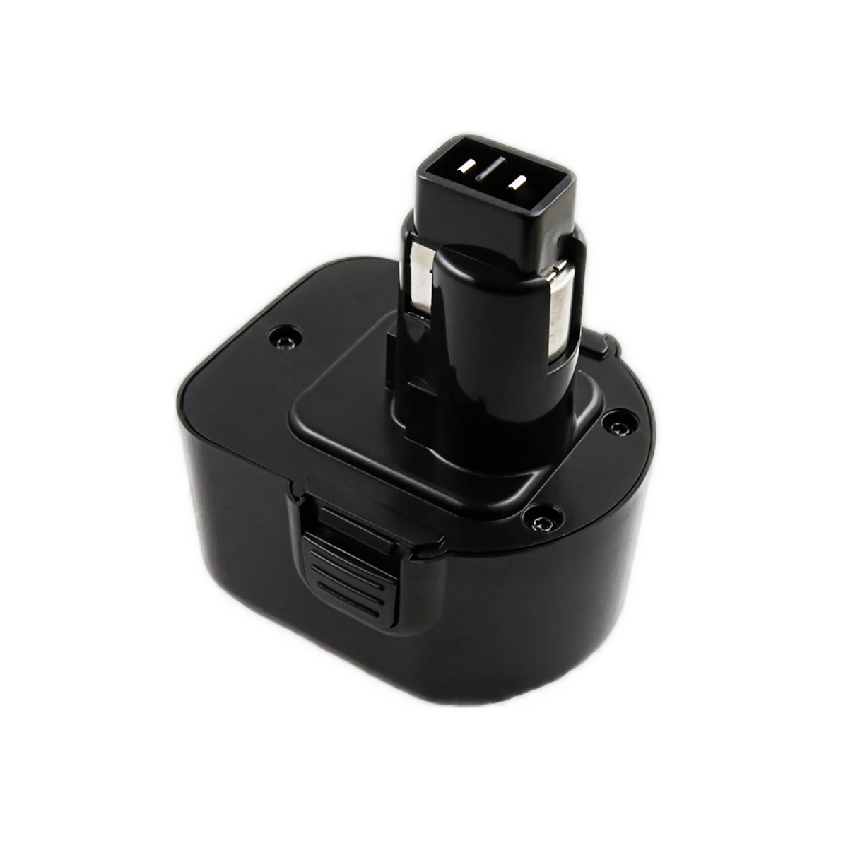 Una batteria nera per utensili elettrici su una superficie bianca. Ha una base rettangolare e un connettore in alto.