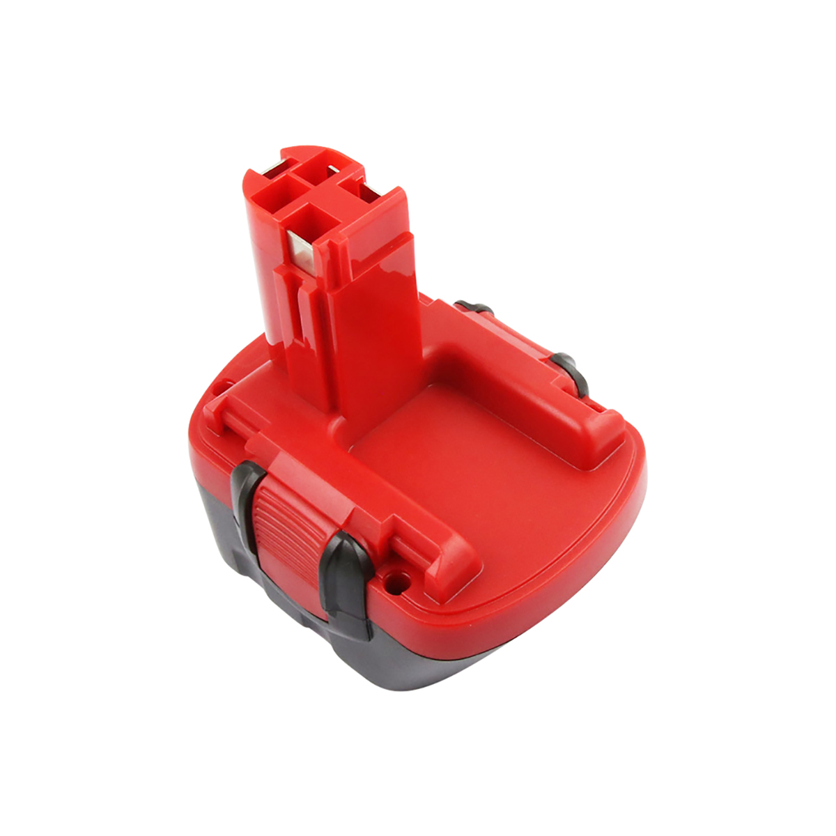 Una batteria rossa e nera per utensili elettrici, vista dall'alto. La batteria ha una base rettangolare con una parte superiore sporgente.