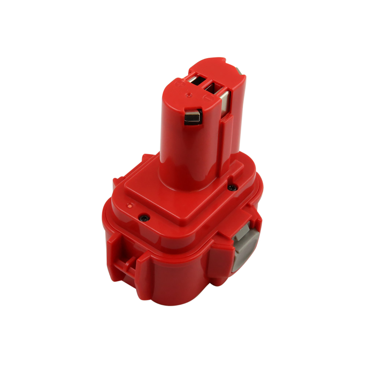 Un pacco batteria rosso, probabilmente per un utensile elettrico, su sfondo bianco. Ha una parte superiore cilindrica e una base rettangolare.