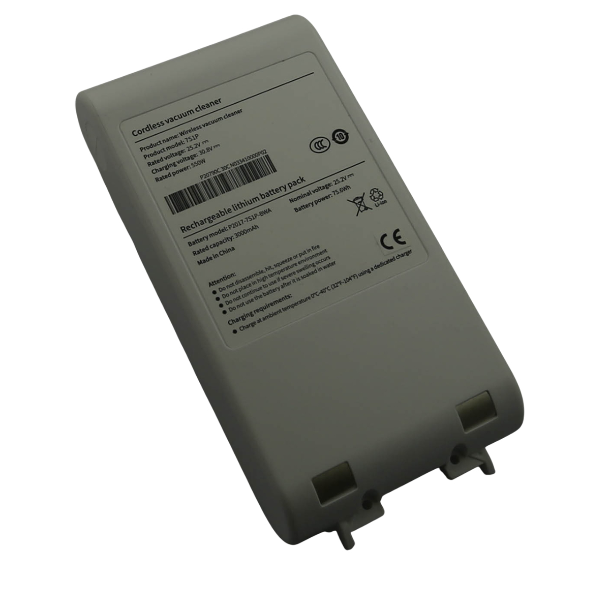 Un pacco batteria al litio ricaricabile grigio con dettagli del prodotto. Ha un'etichetta con testo e un marchio CE.