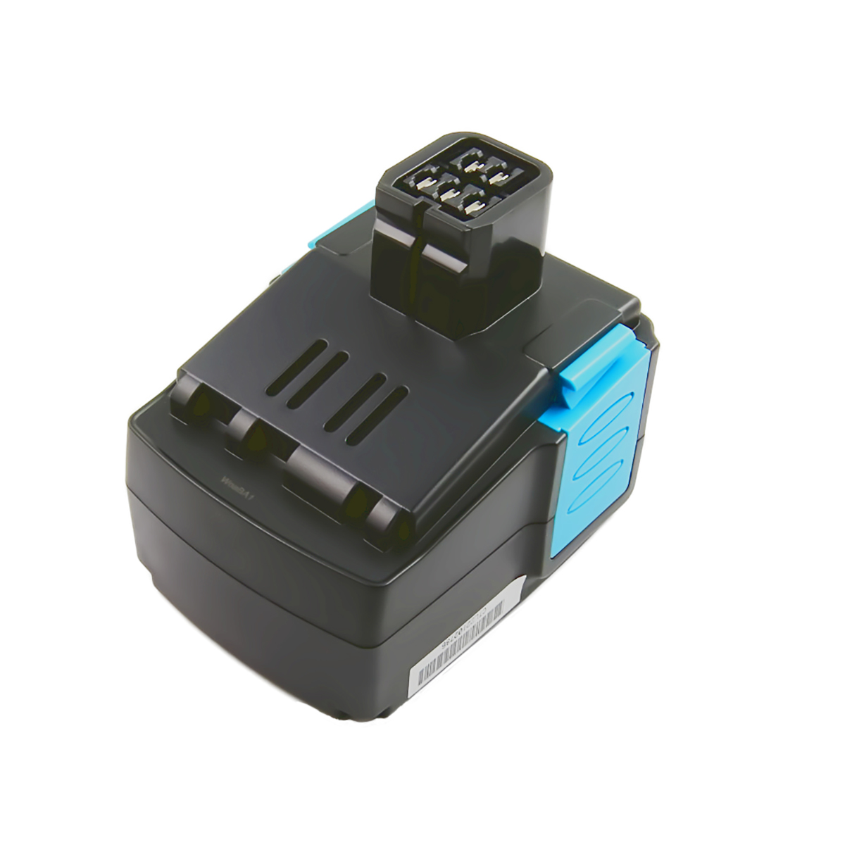Batteria nera e blu per utensili elettrici su sfondo bianco. Ha un connettore in alto e un'etichetta laterale.