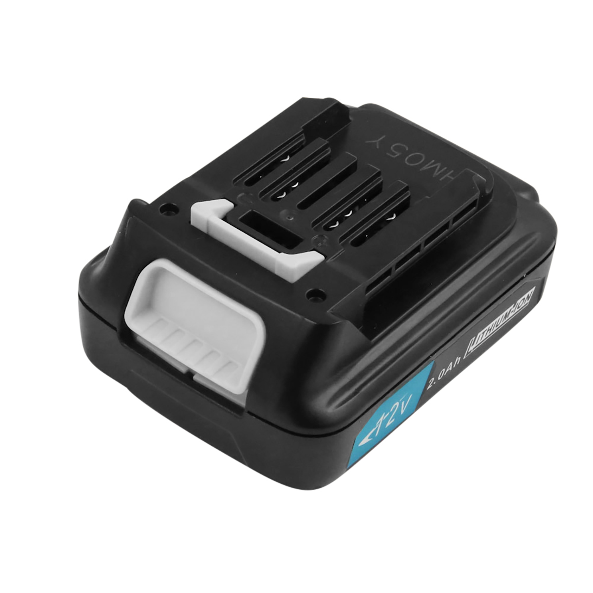 Una batteria agli ioni di litio nera e blu da 12 V 2,0 Ah. Ha un pulsante di rilascio bianco e un'etichetta HM05Y.