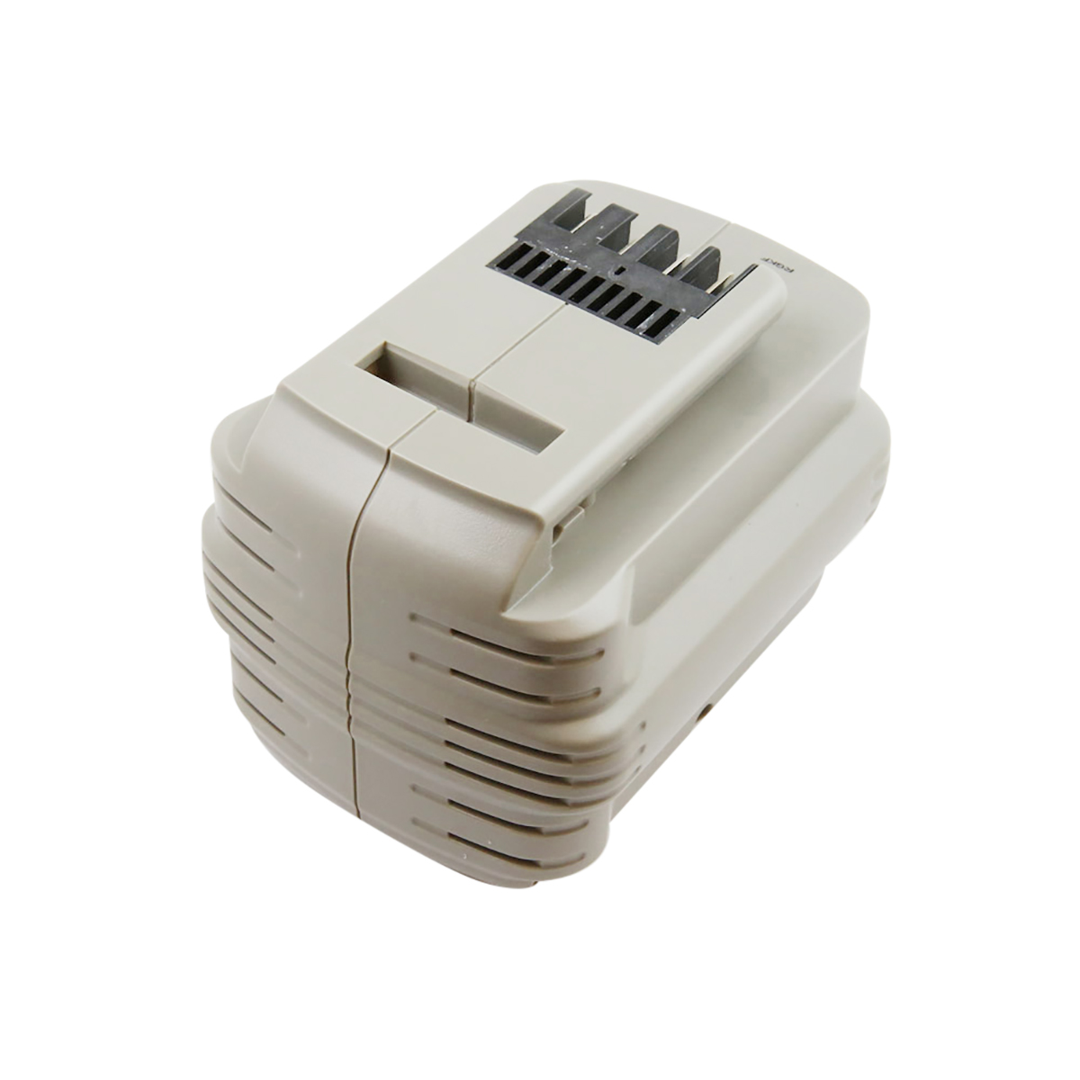 Un pacco batteria grigio di forma rettangolare con uno sfiato nero sulla parte superiore. La batteria è su sfondo bianco.