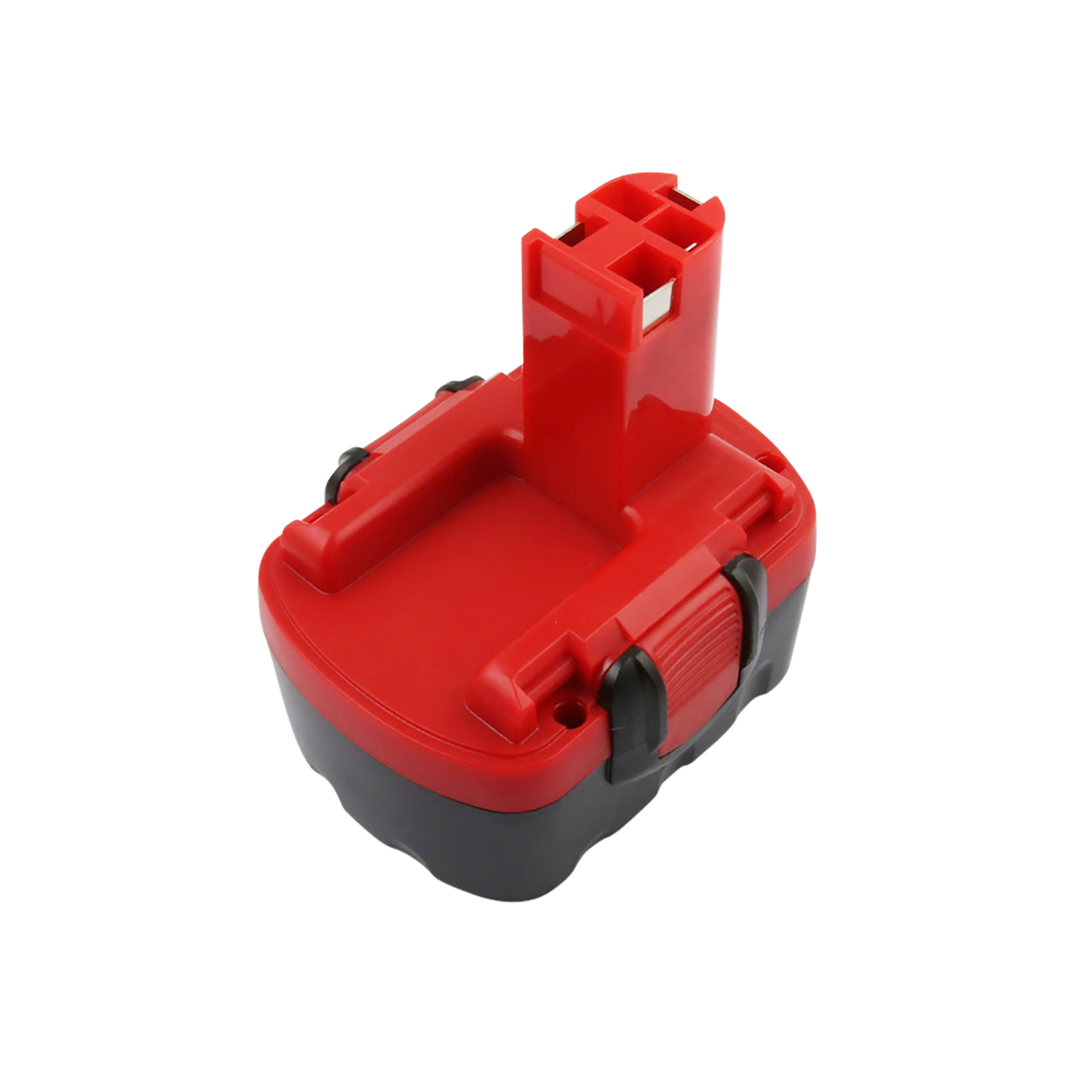 Un pacco batteria rosso e nero per utensili elettrici isolato su sfondo bianco. La batteria ha una parte superiore rossa e una base nera.