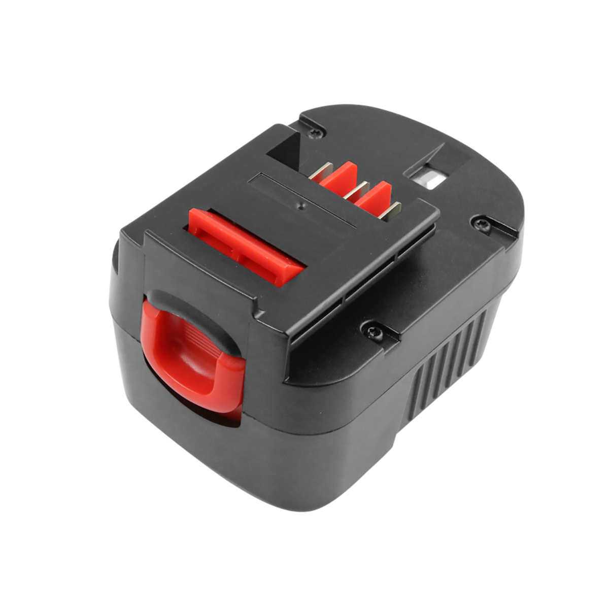 Una batteria nera e rossa per utensili elettrici. Ha un involucro nero con pulsanti di rilascio rossi. La batteria è su sfondo bianco.