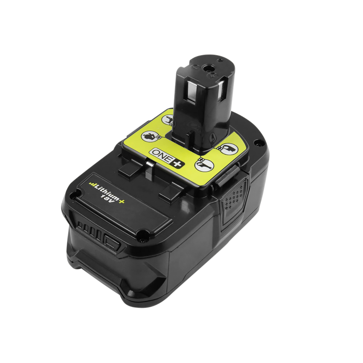 Batteria Lithium+ 18V nera e gialla. Ha un coperchio nero e un'etichetta verde con la scritta ONE+.