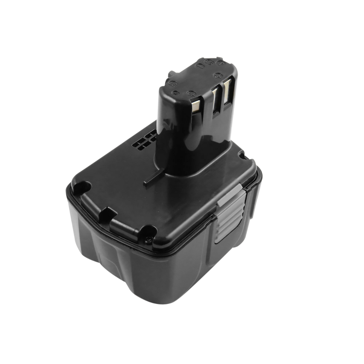 Batteria nera per trapano senza fili su sfondo bianco. La batteria ha una parte superiore e un corpo principale. Ha una clip grigia.