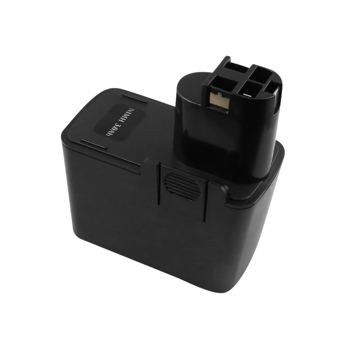 Un pacco batteria nero NiMH da 3,0Ah, rettangolare con una sezione superiore cilindrica. La batteria è su sfondo bianco.
