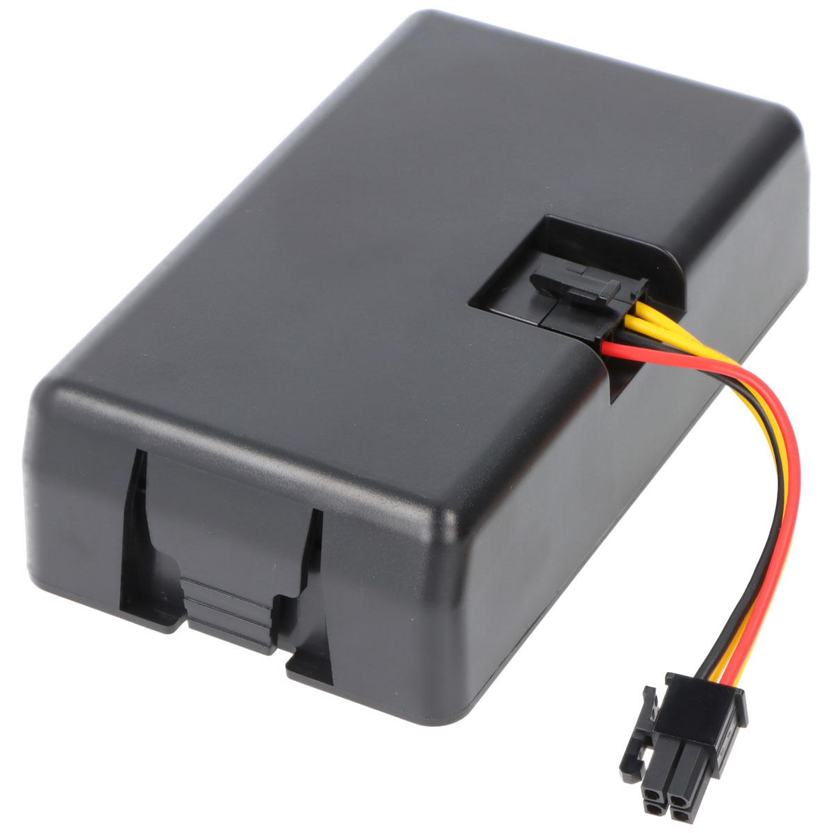 Un dispositivo rectangular negro con un conector y cables de colores (rojo, amarillo, negro) que se extienden desde él, sobre un fondo blanco.