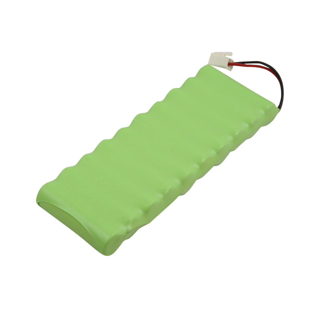 Un pacco batteria verde con la parte superiore ondulata e un connettore con fili neri e rossi. Sfondo bianco.