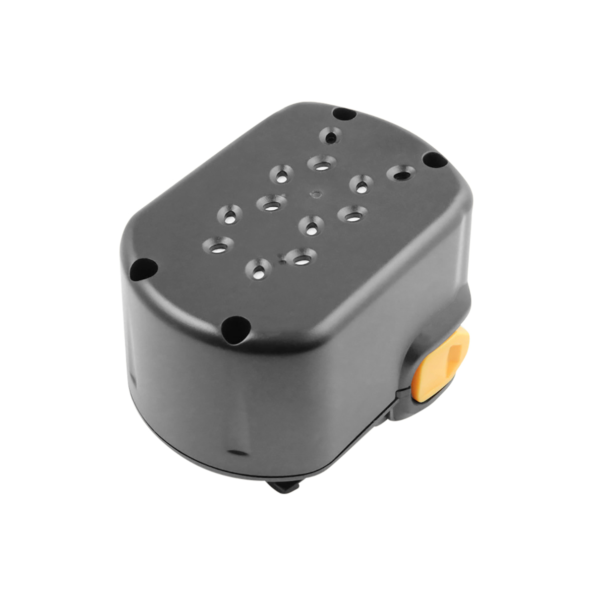 Un pacco batteria nero e grigio con un pulsante giallo. Ha più fori sulla parte superiore ed è isolato su sfondo bianco.