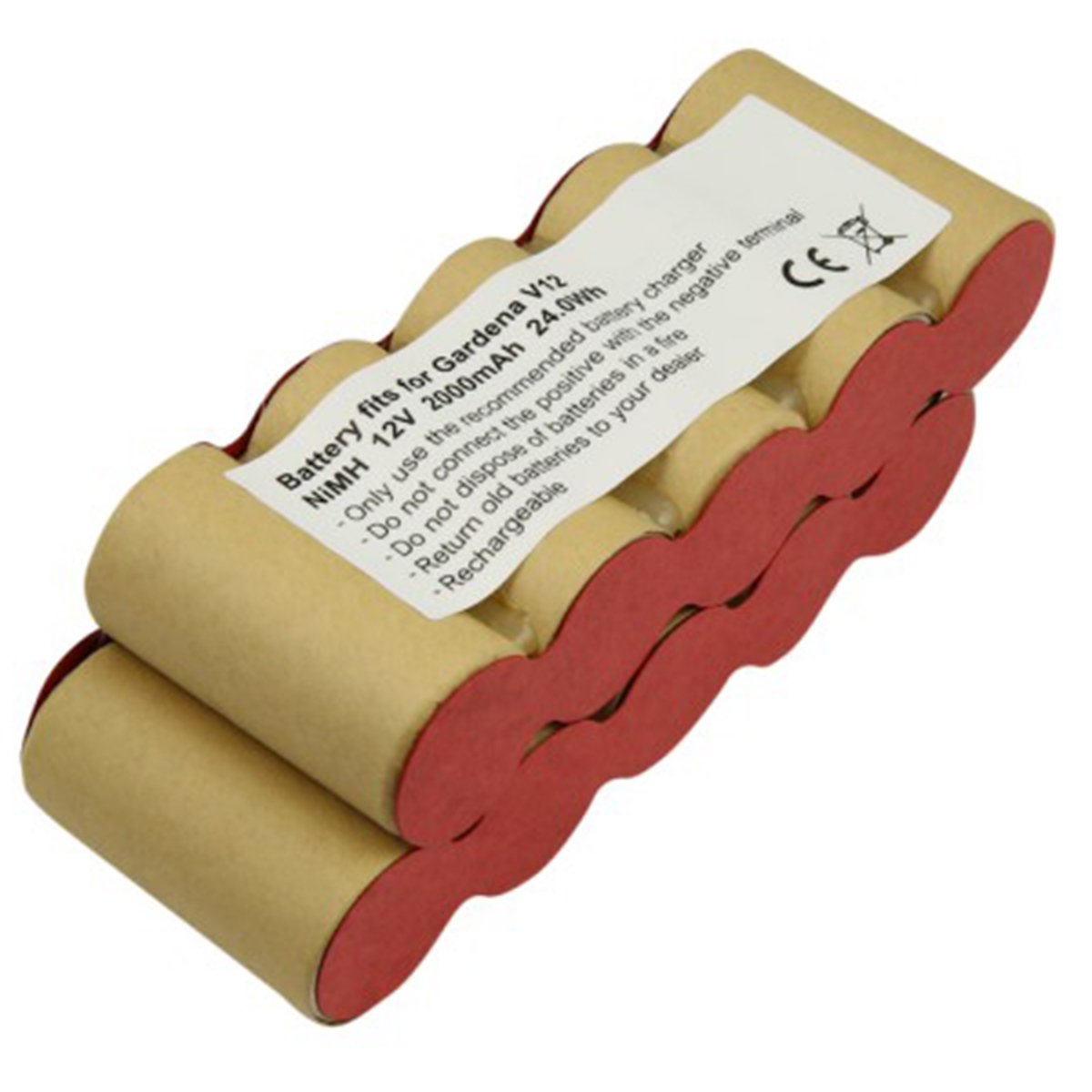 Un paquete de baterías para Gardena V12. Se ven cilindros beige con extremos rojos. Una etiqueta indica especificaciones y advertencias.