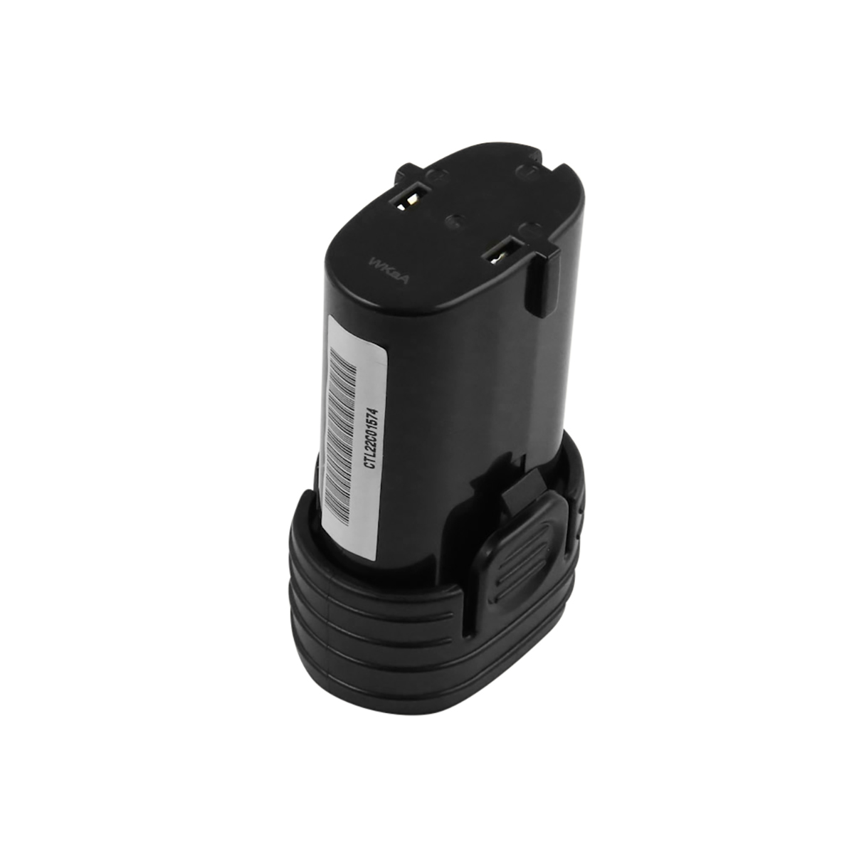 Batteria nera con adesivo bianco e testo. La batteria ha una base a coste e una parte superiore con due fessure.