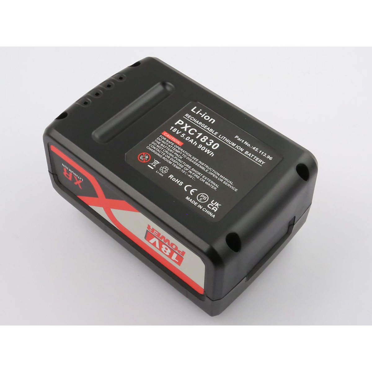 Pacco batteria ricaricabile agli ioni di litio nero. L'etichetta mostra le specifiche: PXC1830, 18V 5.0Ah 90Wh. Sfondo bianco.