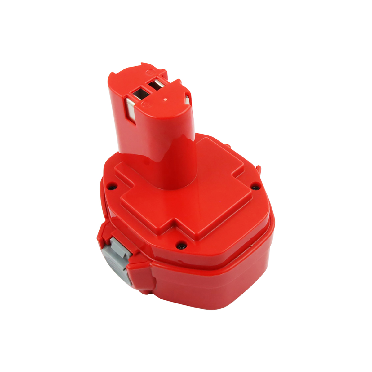Una batteria rossa in plastica per utensili elettrici. Ha una base rettangolare con una parte superiore cilindrica e un pulsante grigio laterale.