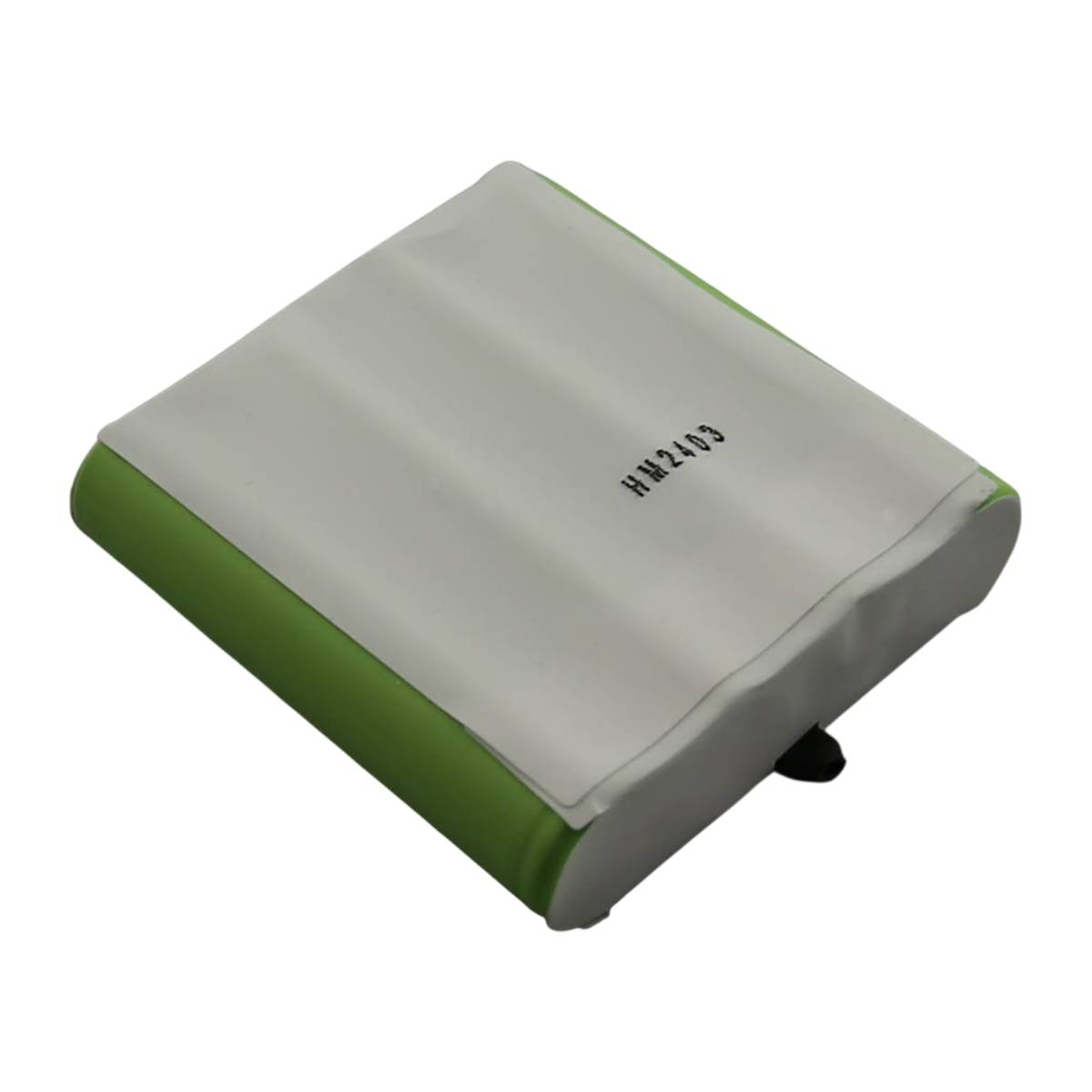Un pacco batteria rettangolare, parte superiore bianca con testo HM2403, lati verdi. La batteria è su sfondo bianco.