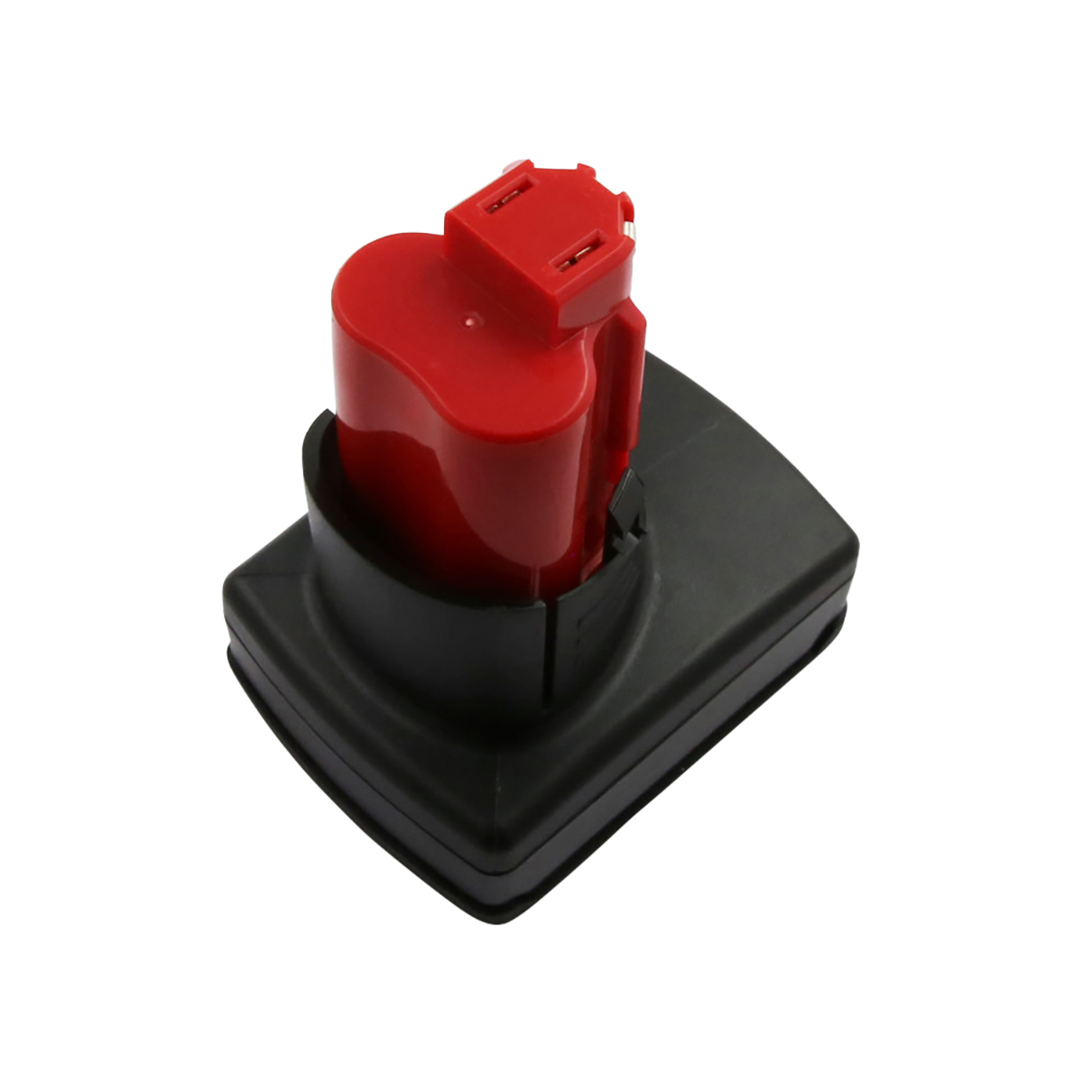 Una batteria rossa e nera per utensili elettrici. La parte superiore rossa ha una forma curva e la base nera è rettangolare.