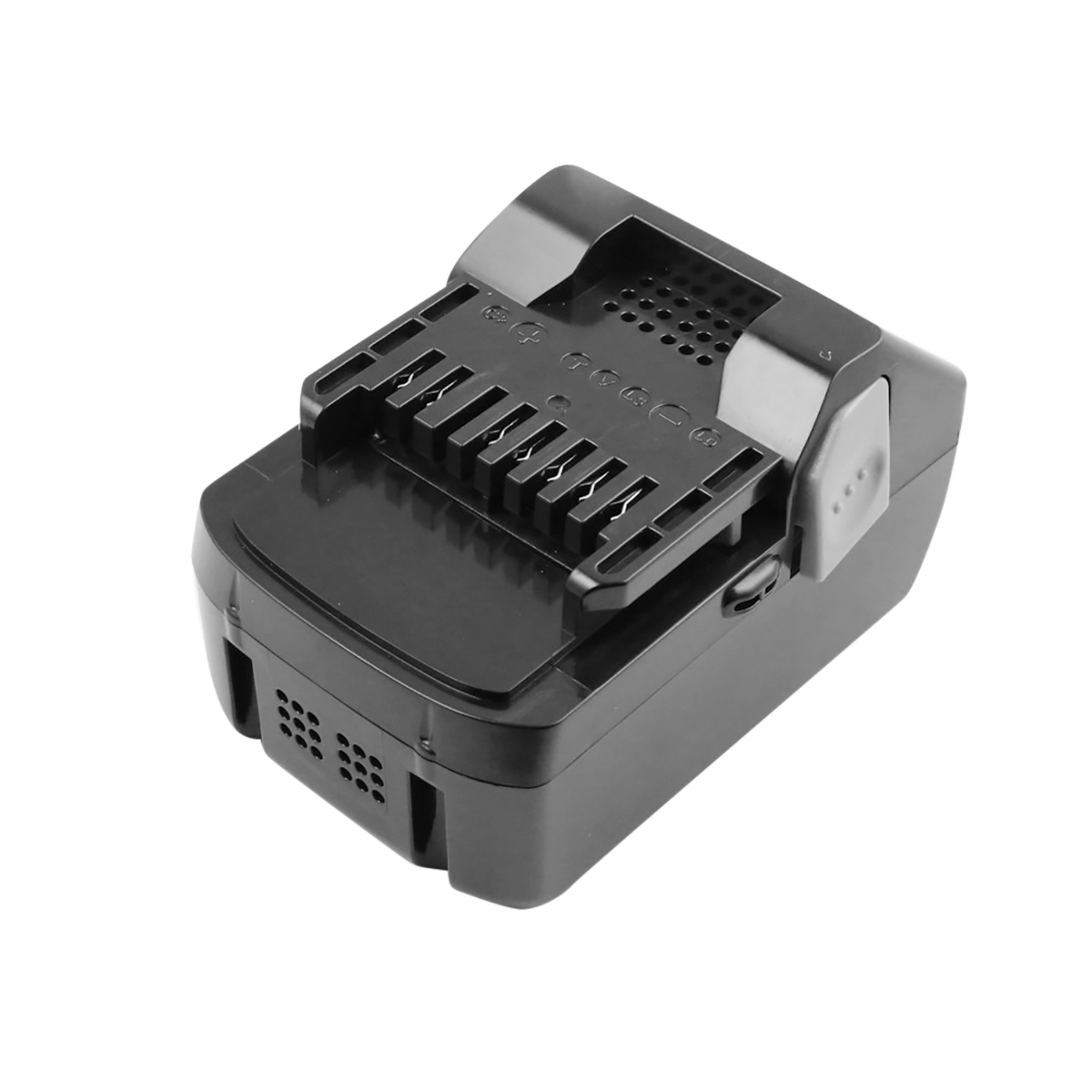 Una batteria nera e rettangolare per utensili elettrici. Ha un pulsante di rilascio grigio e un fermo nero. Lo sfondo è bianco.