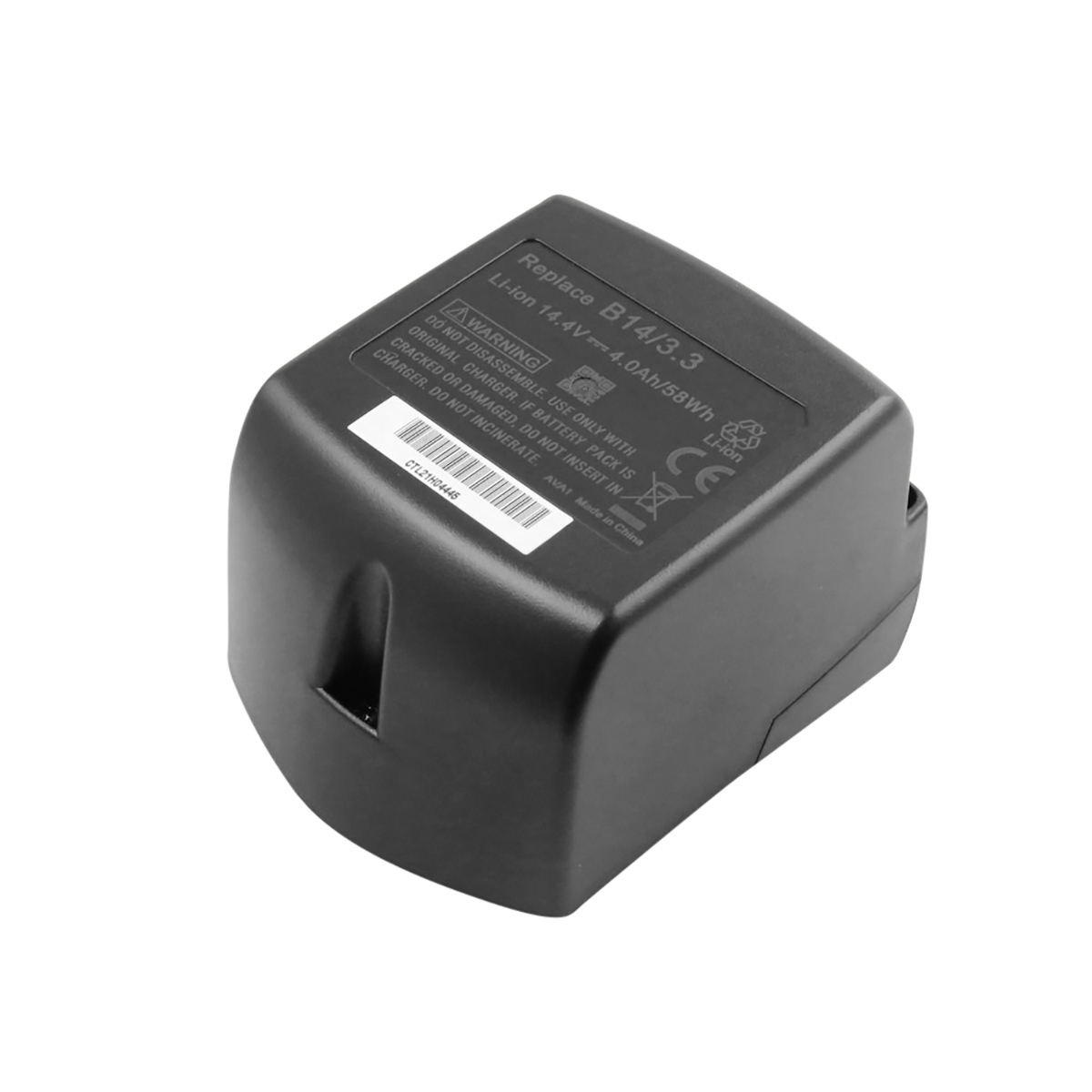 Un pacco batteria nero con testo ed etichette su sfondo bianco. Il testo include avvertenze e specifiche.