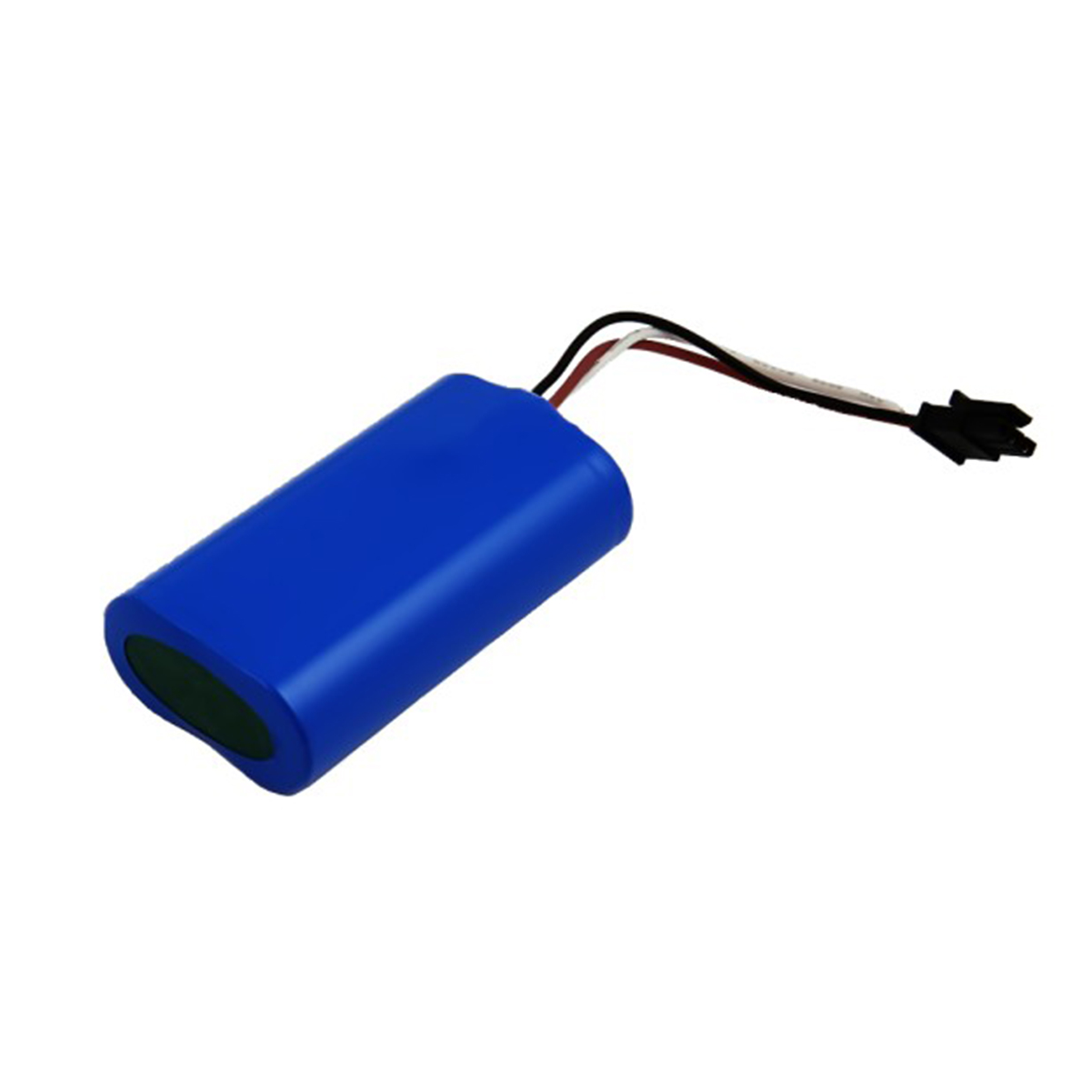 Una batteria blu cilindrica con fili e un connettore nero. I fili sono neri, bianchi e rossi. Lo sfondo è bianco.