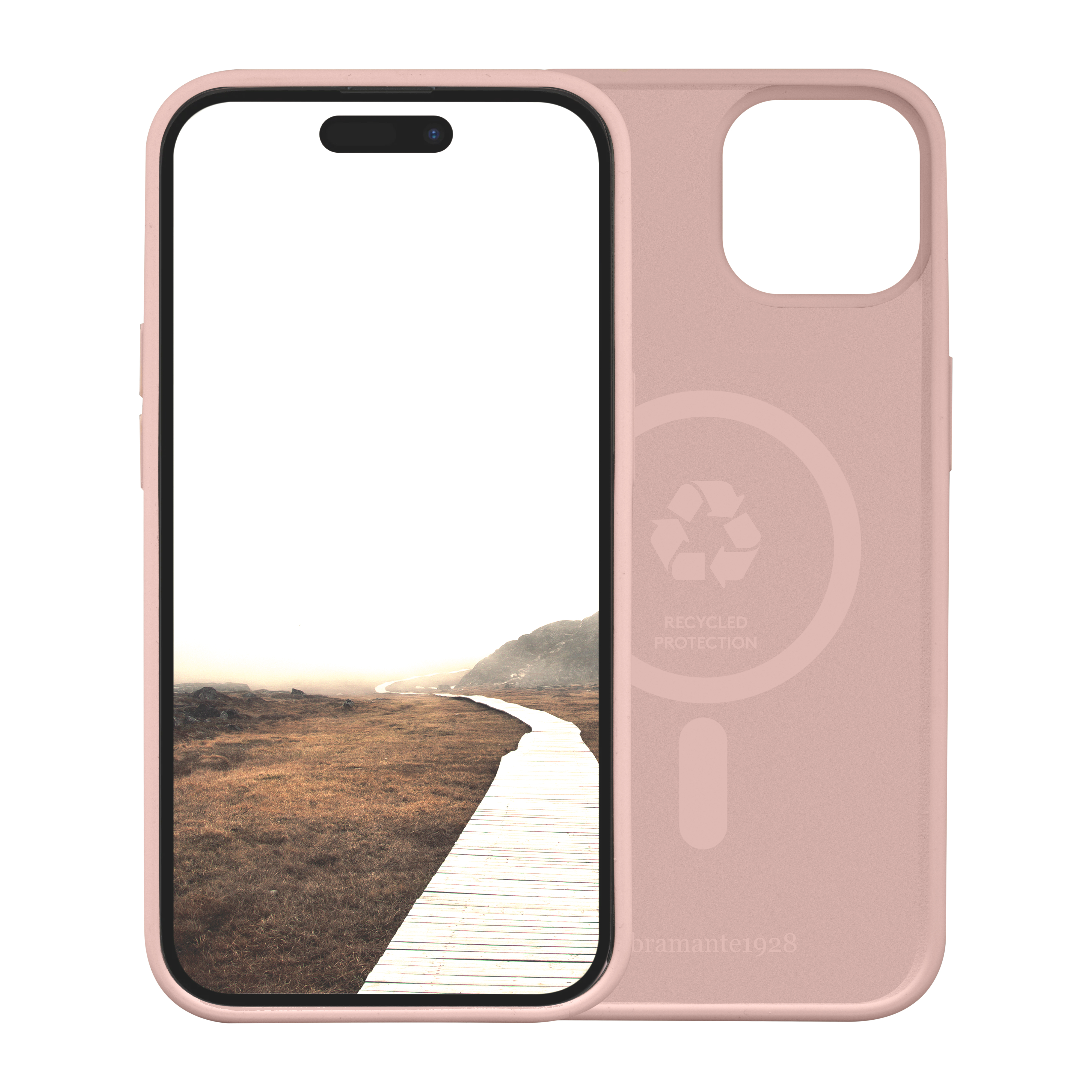 Rosafarbene Handyhülle mit einem Telefon, das einen Holzweg durch eine Landschaft zeigt. Die Hülle hat ein Recycling-Symbol.