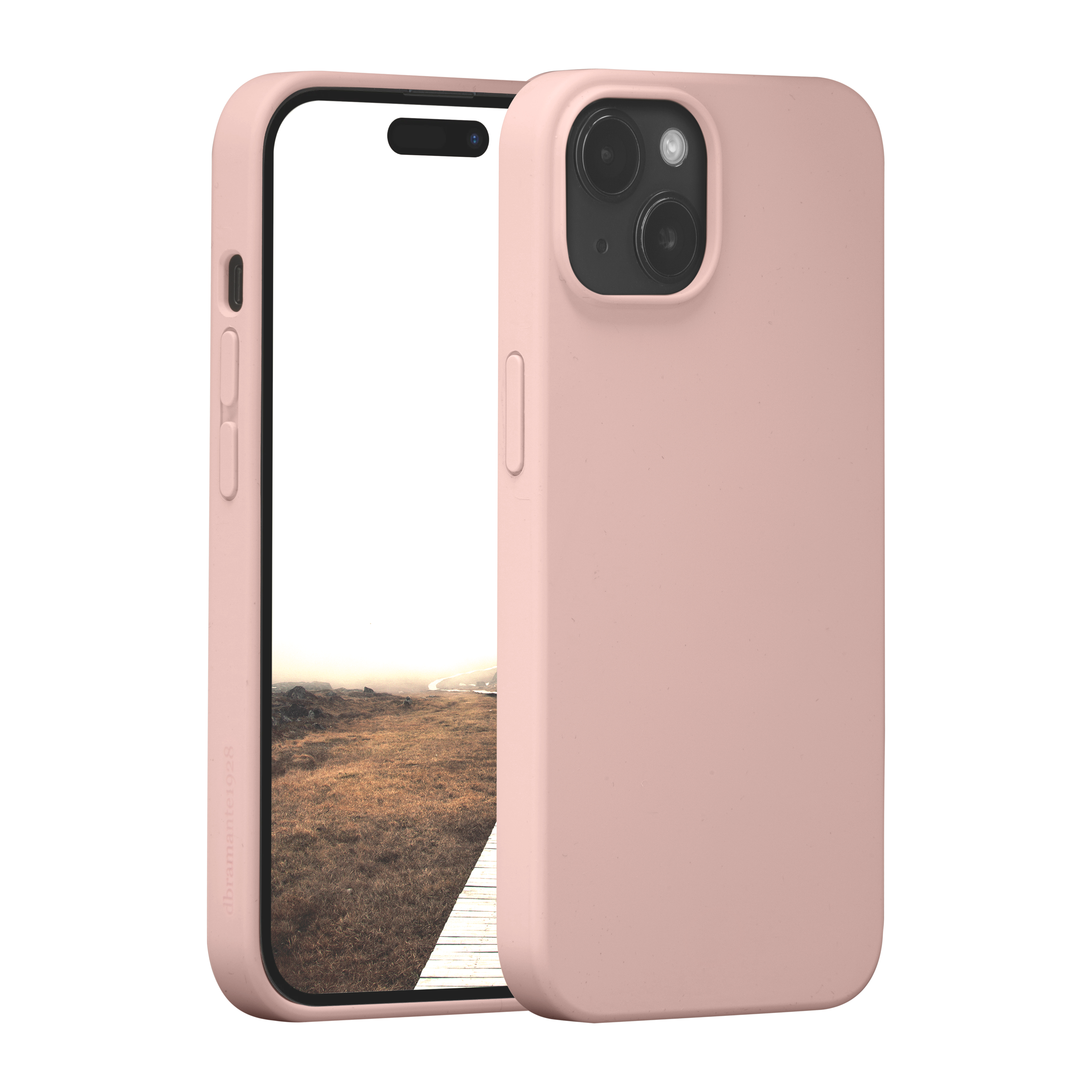 Ein rosa Telefon in einer rosa Hülle. Der Bildschirm zeigt eine Landschaft. Die Hülle hat Kameralinsen.