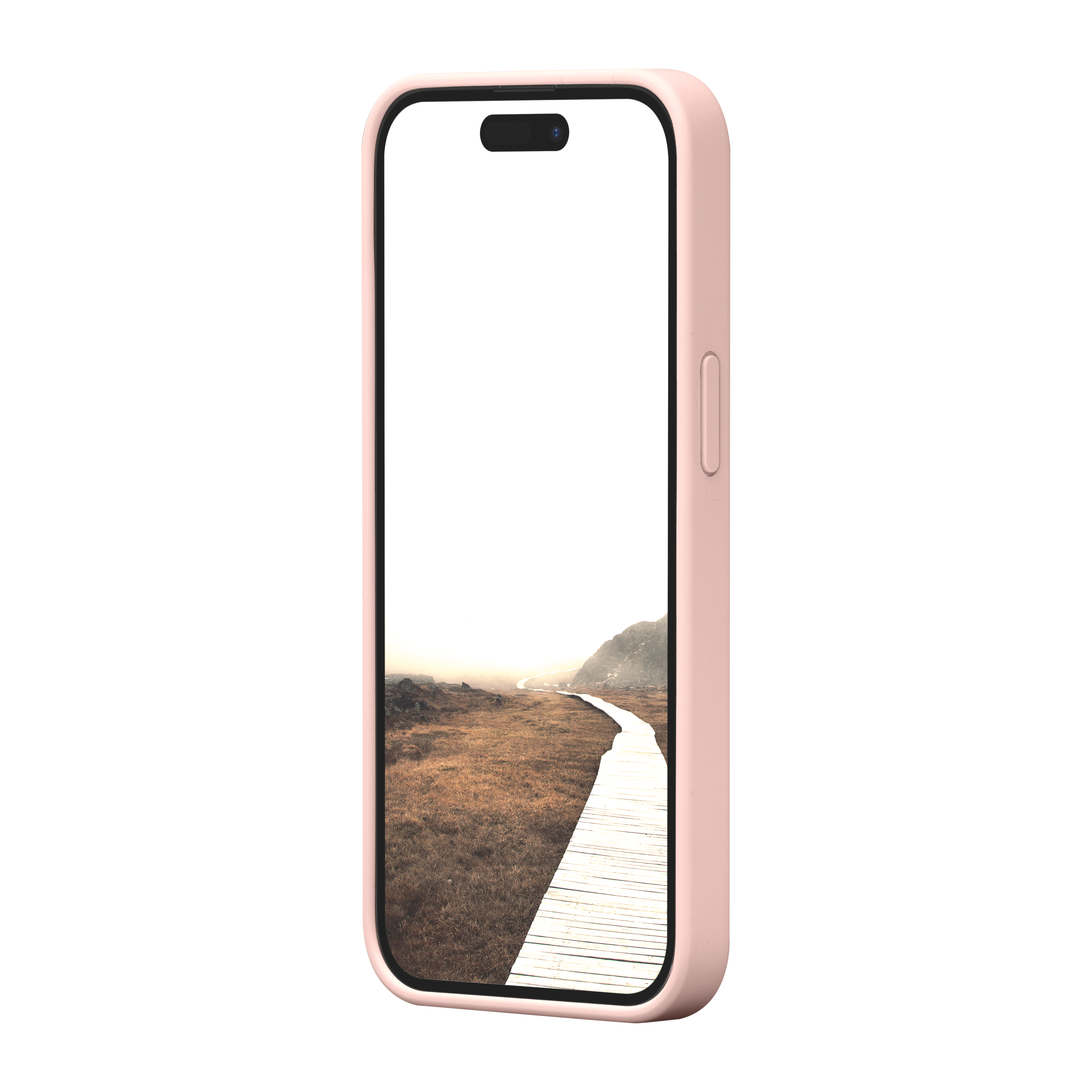 Ein Telefon in einer rosa Hülle zeigt einen Holzweg durch ein Feld. Im Hintergrund ist ein Berg zu sehen.