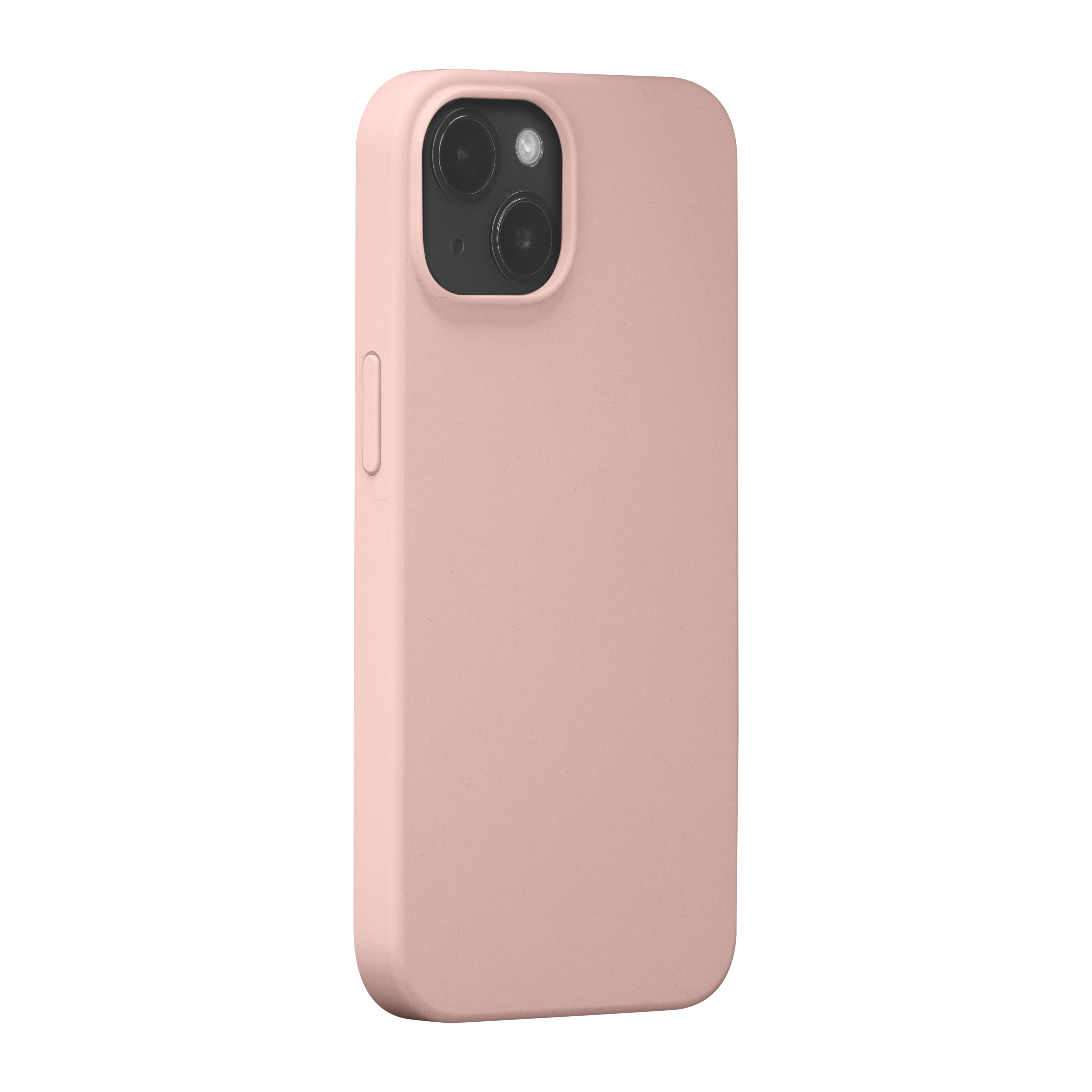 Eine rosa Handyhülle mit Kameraausschnitten befindet sich auf weißem Hintergrund. Die Hülle hat einen Knopf.