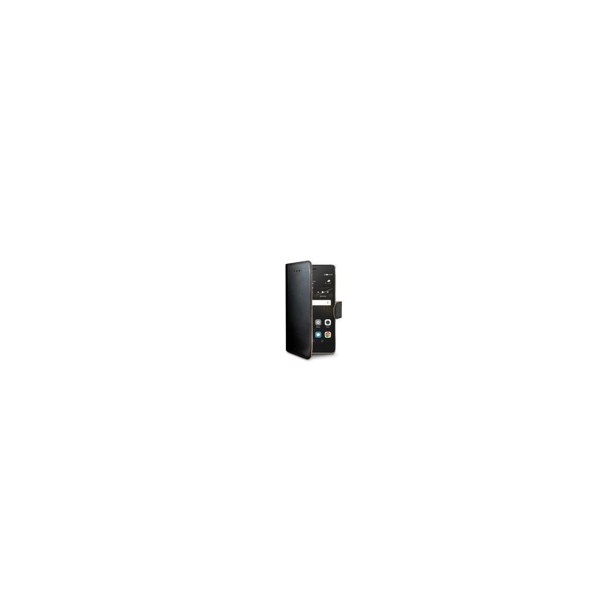 Uno smartphone nero è visualizzato con la sua cover aperta. Lo schermo è acceso e il telefono è su uno sfondo bianco.