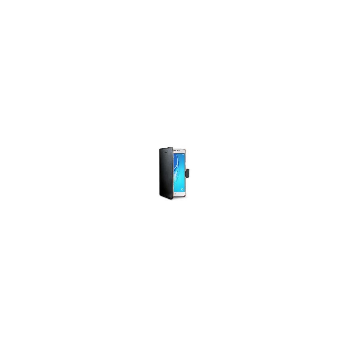 Uno smartphone in una custodia nera è esposto su sfondo bianco. Lo schermo del telefono mostra grafica blu e bianca.