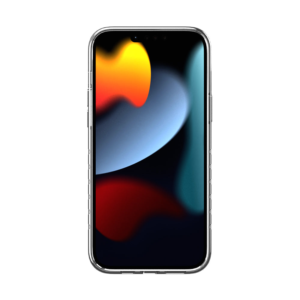 Ein Smartphone mit transparentem Gehäuse. Der Bildschirm zeigt ein abstraktes Bild mit orange, blau und grün.