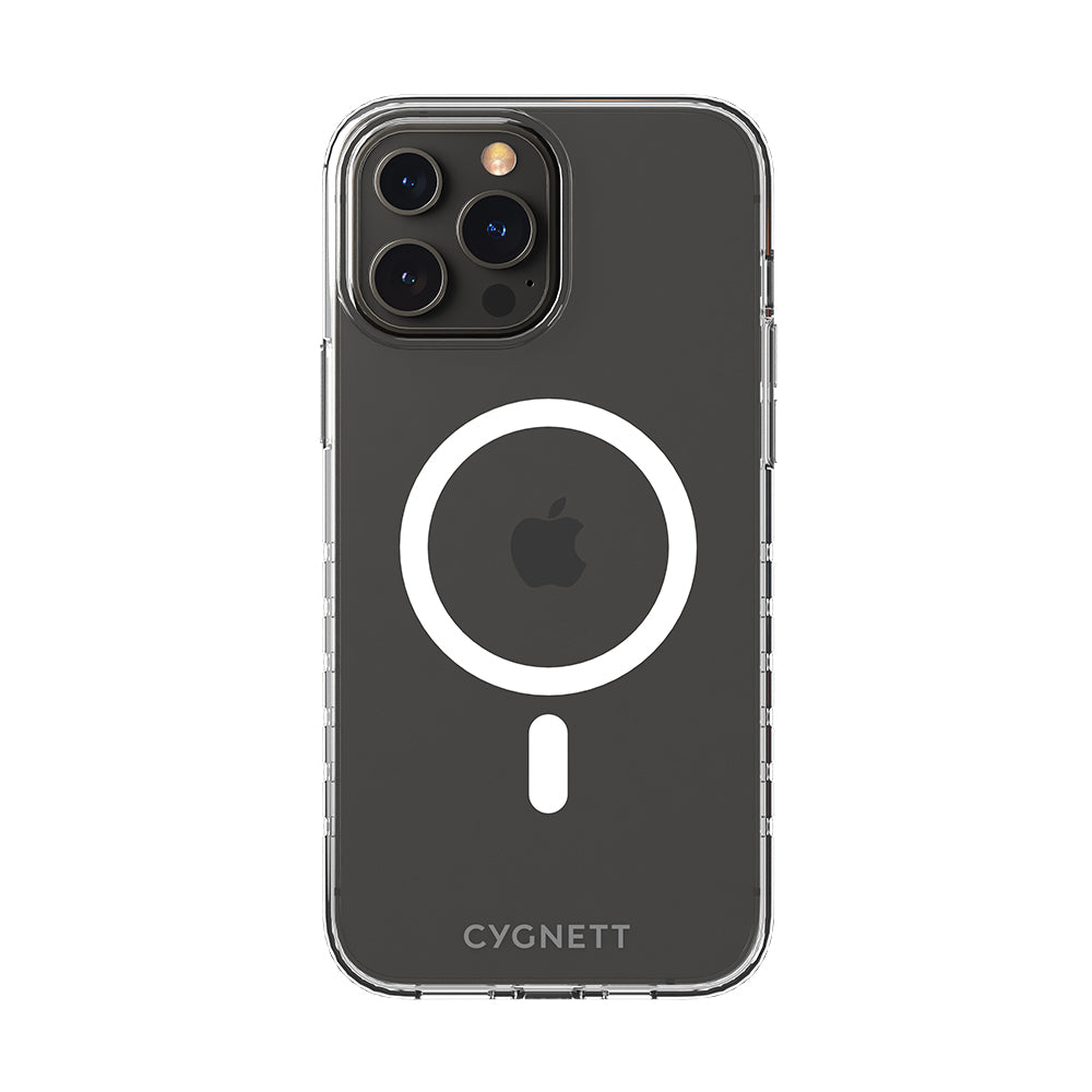 Eine transparente Handyhülle mit einem iPhone darin. Die Hülle hat einen weißen Kreis und einen Strich, mit dem Wort CYGNETT unten.