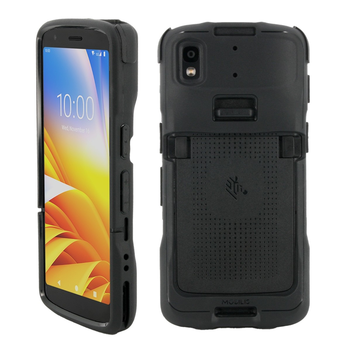 Ein schwarzes Smartphone in einer Schutzhülle, das die Vorder- und Rückseite zeigt. Die Vorderseite zeigt die Uhrzeit. Die Rückseite hat eine Kamera.